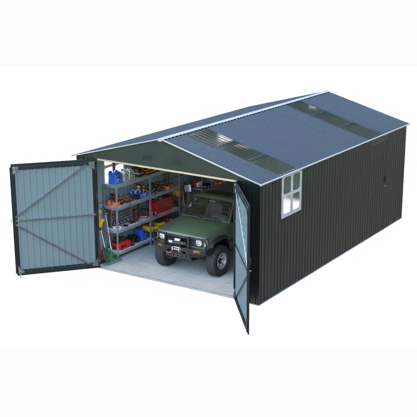 LANTRO JS Large Storage Shed 13x20ft, Outdoor Metal Garage Shed with 2 Doors and 2 Windows, Heavy Duty, Black