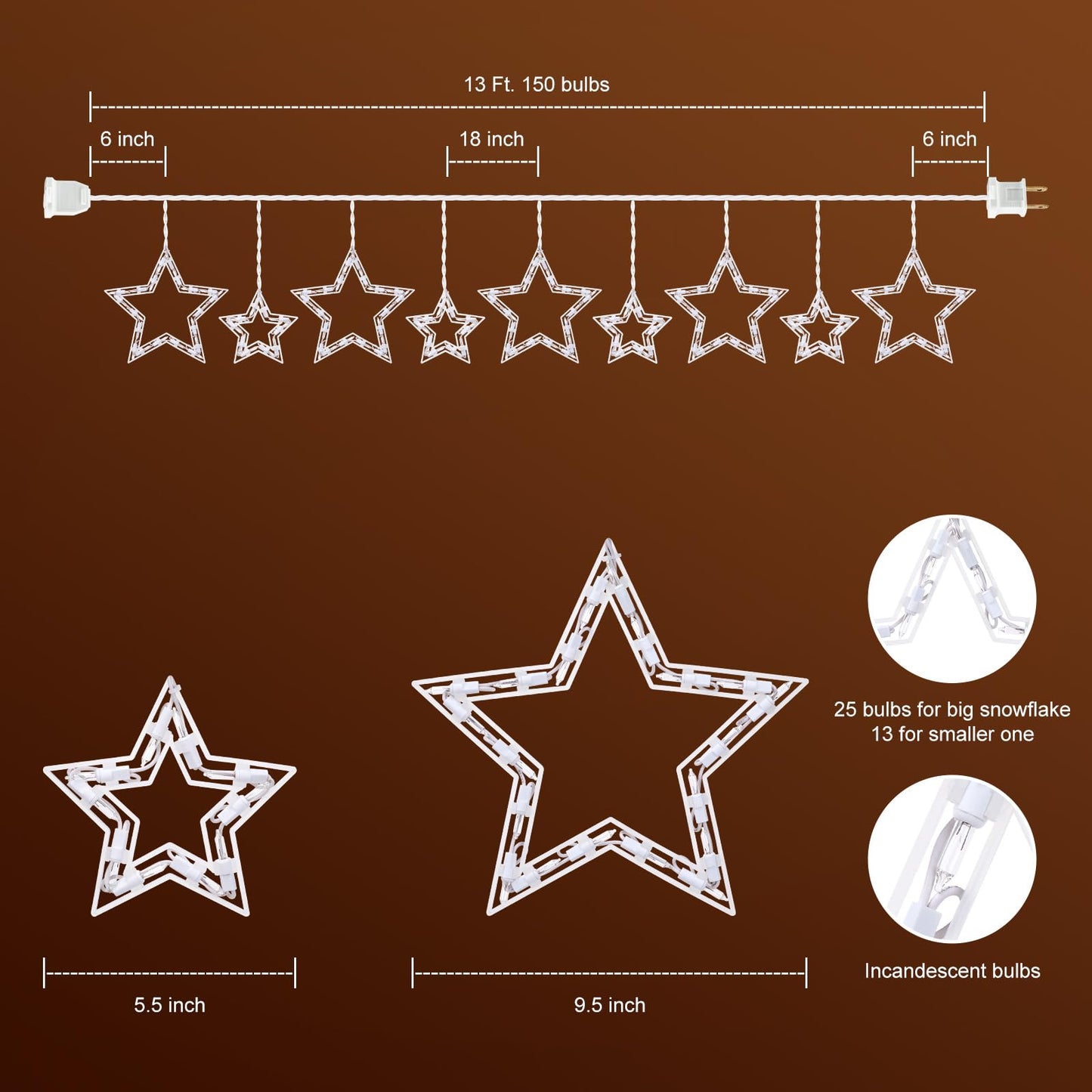 Minetom Christmas Star Window Lights - 13ft Icicle String Lights, 150 Mini Bulbs, 9 Drops, White, Model 39532