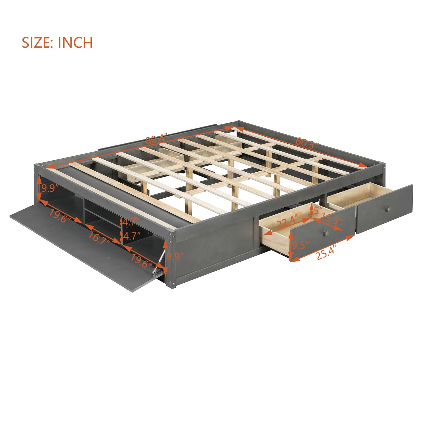 Merax Queen Size Wood Platform Bed with 4 Underbed Drawers and Hydraulic Lift Footboard Storage, Modern Bed Frame with Solid Wooden Slat Support for Bedroom, No Box Spring Needed, Easy Assembly, Gray