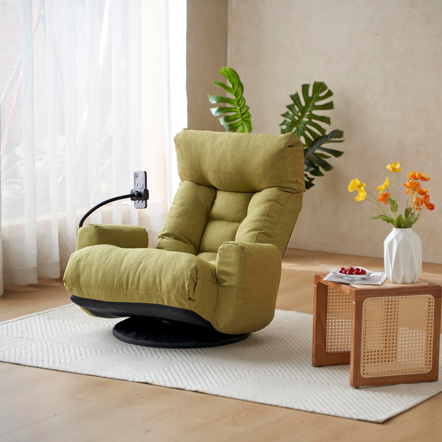 Noble House Home Furnishings Gwen Upholstered 360° Swivel Chair, Lounge Chair with Adjustable Backrest/Headrest, Metal Frame Living Room Lounge Sofa and Phone Holder, Comfy Bean Bag Chair, Green