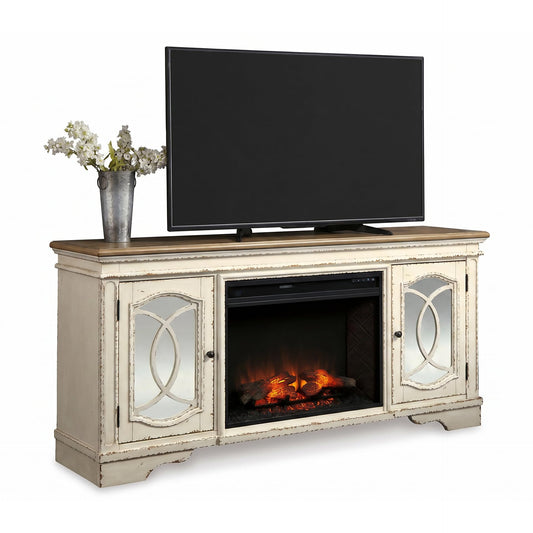 Signature Design by Ashley Realyn Fireplace TV Stand, 74 Inch Cottage Style Media Console, Wood, Engineered Wood and Veneers, Electric Infrared Insert, Fits TVs up to 85 Inch, Chipped White