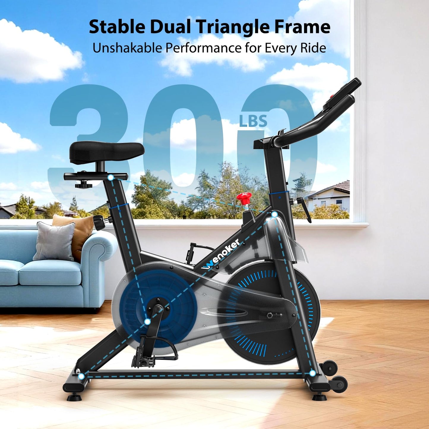Exercise Bike, Wenoker Magnetic Stationary Bike for Home App Sync Indoor Bike with Adjustable Seat and Handlebar, Transport Wheels and Fitness Courses for Weight Loss