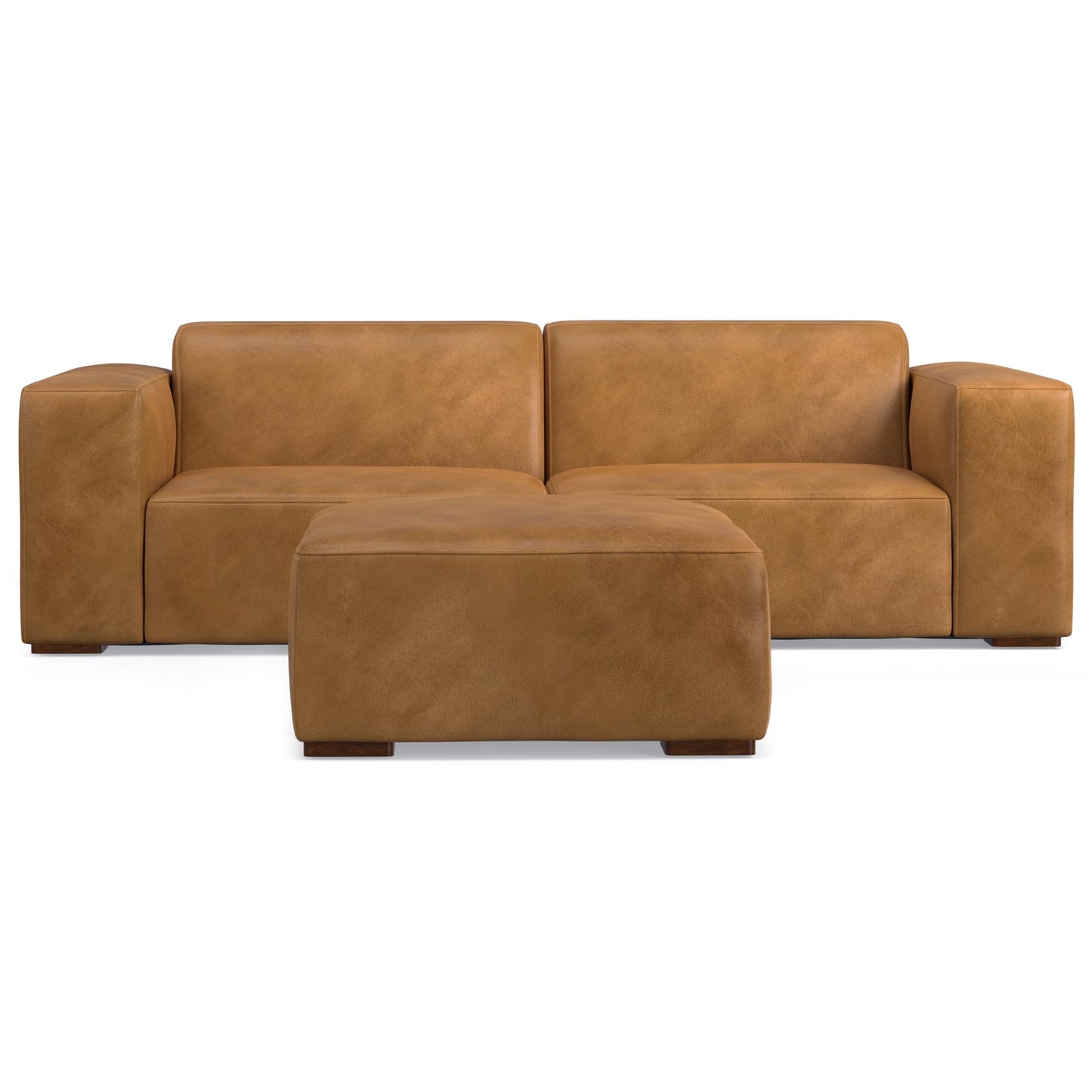 SIMPLIHOME Rex Modular Sofa and Ottoman Set in Full-Grain Genuine Leather, Sienna, 88-inch-Wide 2-Seater Leather Couch and Matching 34-inch-Wide Table Ottoman for Living Room