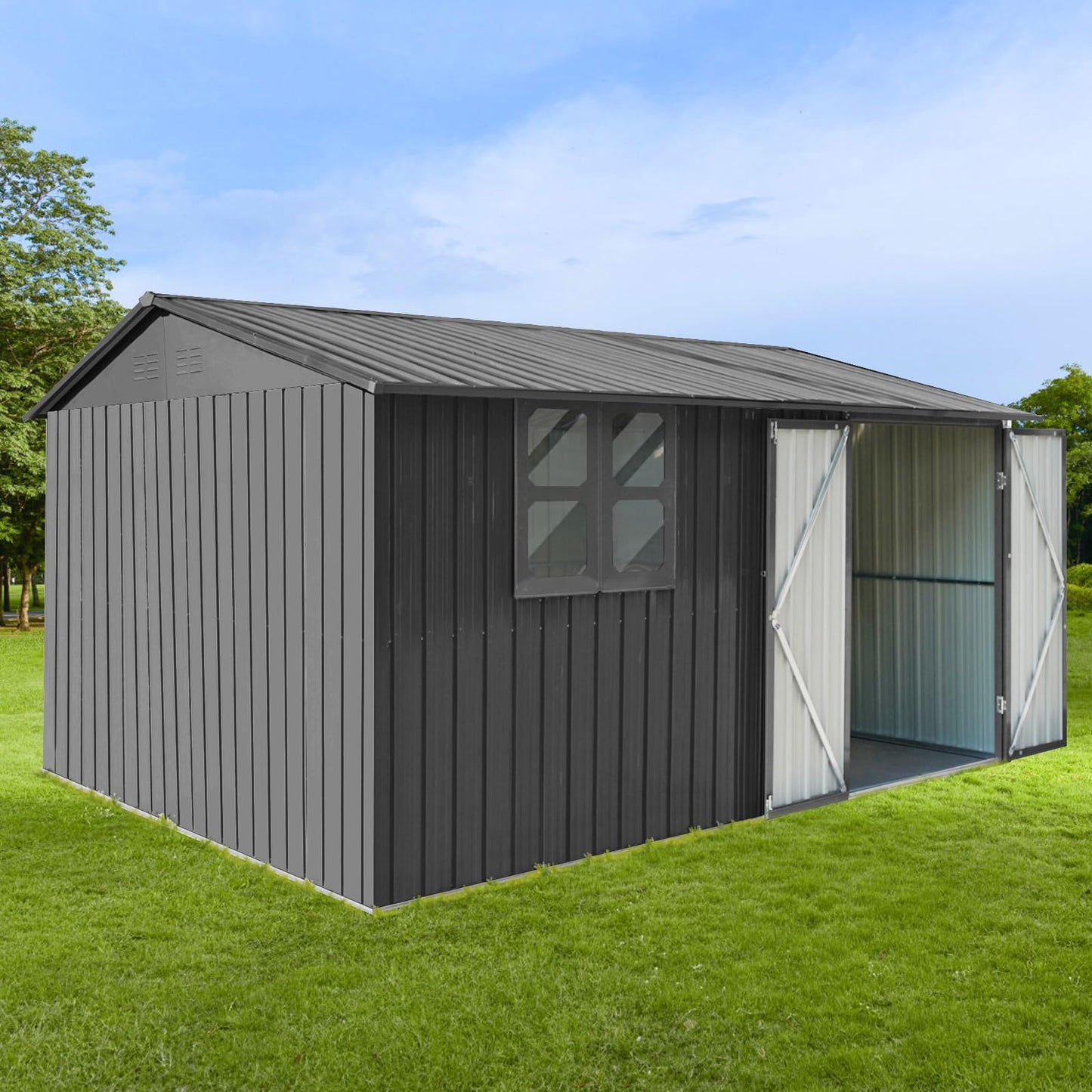YOPTO 12x10 FT Outdoor Storage Shed,Metal Shed W/Goods Shelves & Window,Garden Tool House W/ 2 Vents & Lamp Hanging Hole & Apex Roof and Lockable Doors,for Backyard Patio Lawn,Grey