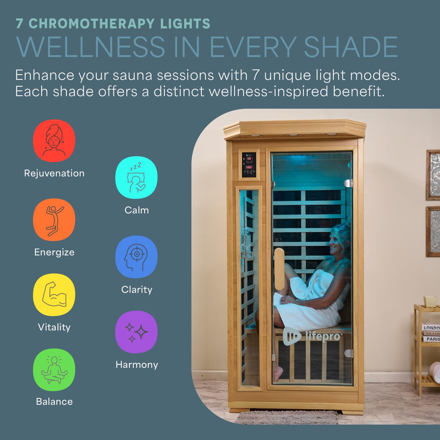 LifePro Rejuvacure 1 or 2 Person Indoor Sauna — Far Infrared Sauna for Home with Chromotherapy Lights — Carbon Fiber Panels, Tempered Glass Door, Canadian Hemlock Wood and Bluetooth Sound System