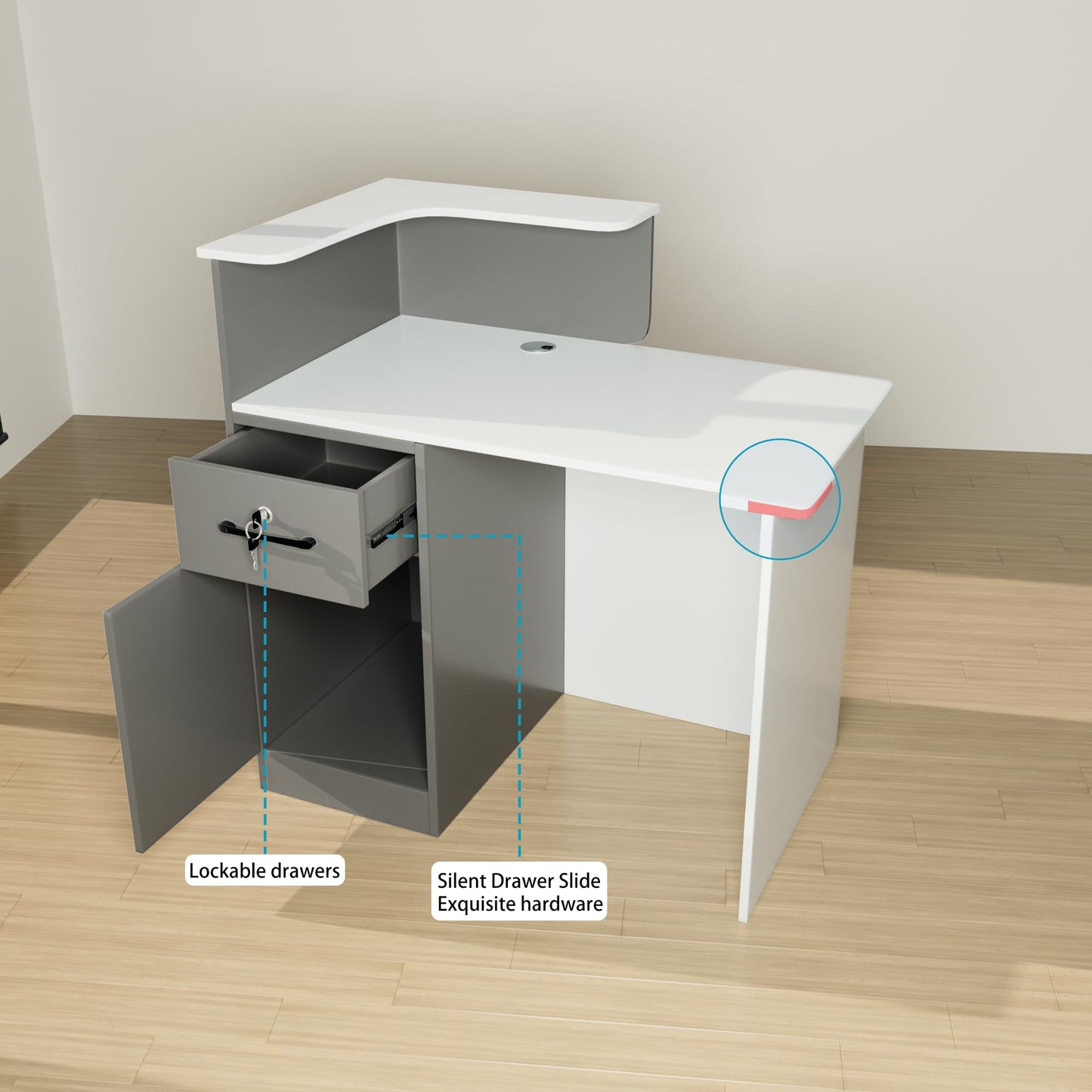 HPLWYM L Shaped Reception Desk with Lockable Drawer, Small Front Desk, Office Reception Room Table, Checkout Retail Counter for Office Lobby Cafe Salon (White+Grey, 39.4"(L) x23.6(W) x39.4(H))