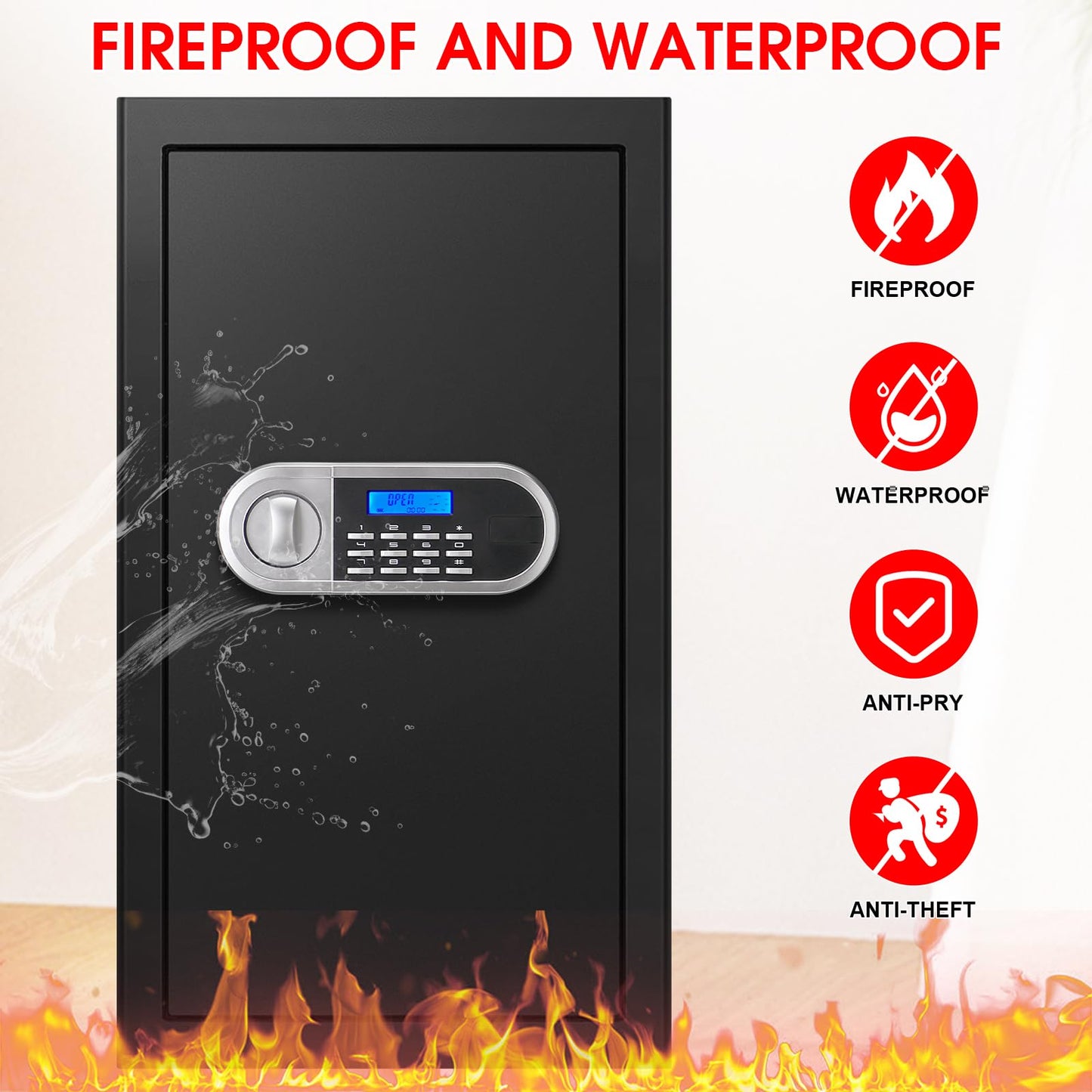 6.0 Cuft Large Fire Proof Safe for Home Documents, Safe Box Fireproof Waterproof with Electronic Keypad, Spare Keys and Alert System, Digital Home Safes Water and Fireproof for Office Money Valuables