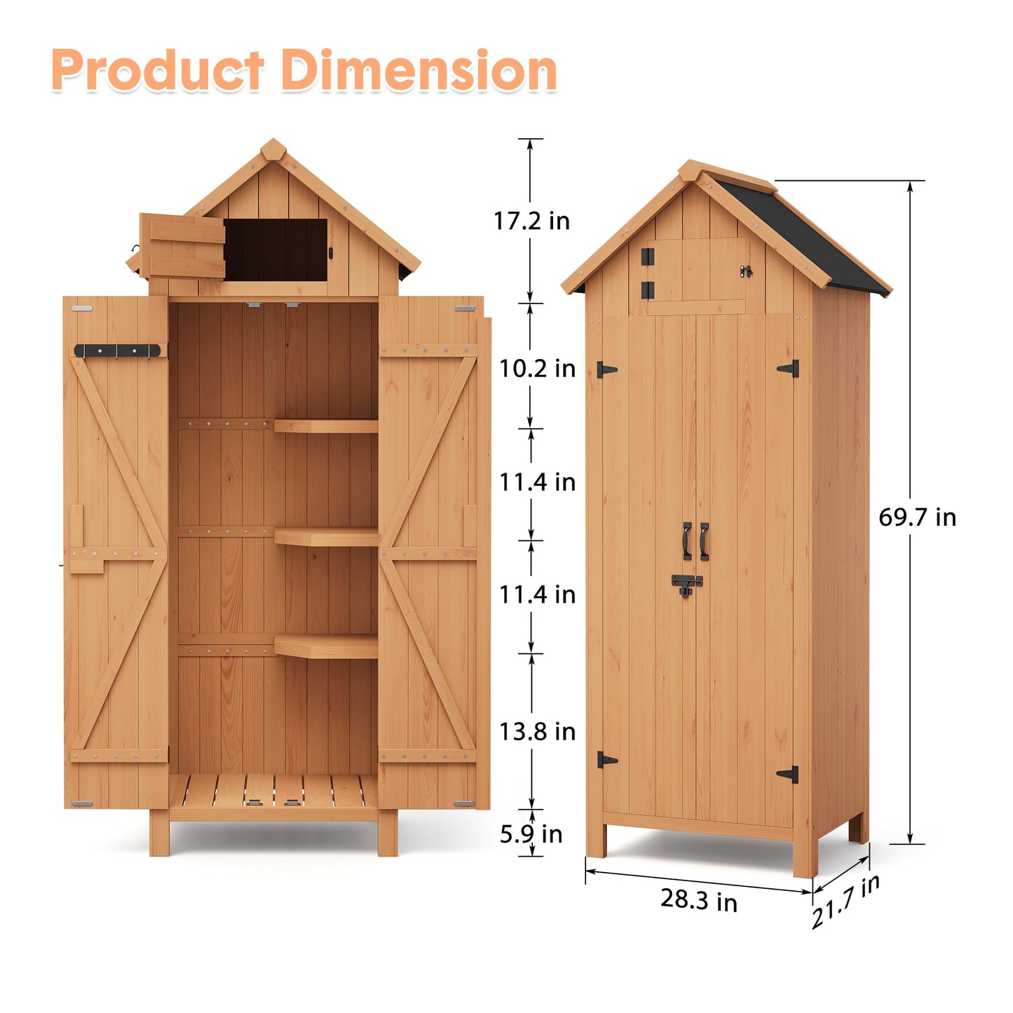 70in Tall Outdoor Storage Shed, Waterproof Wooden Garden Tool Shed with 4 Shelves and Lockable Doors, Vertical Outdoor Storage Cabinet for Patio Yard Lawn