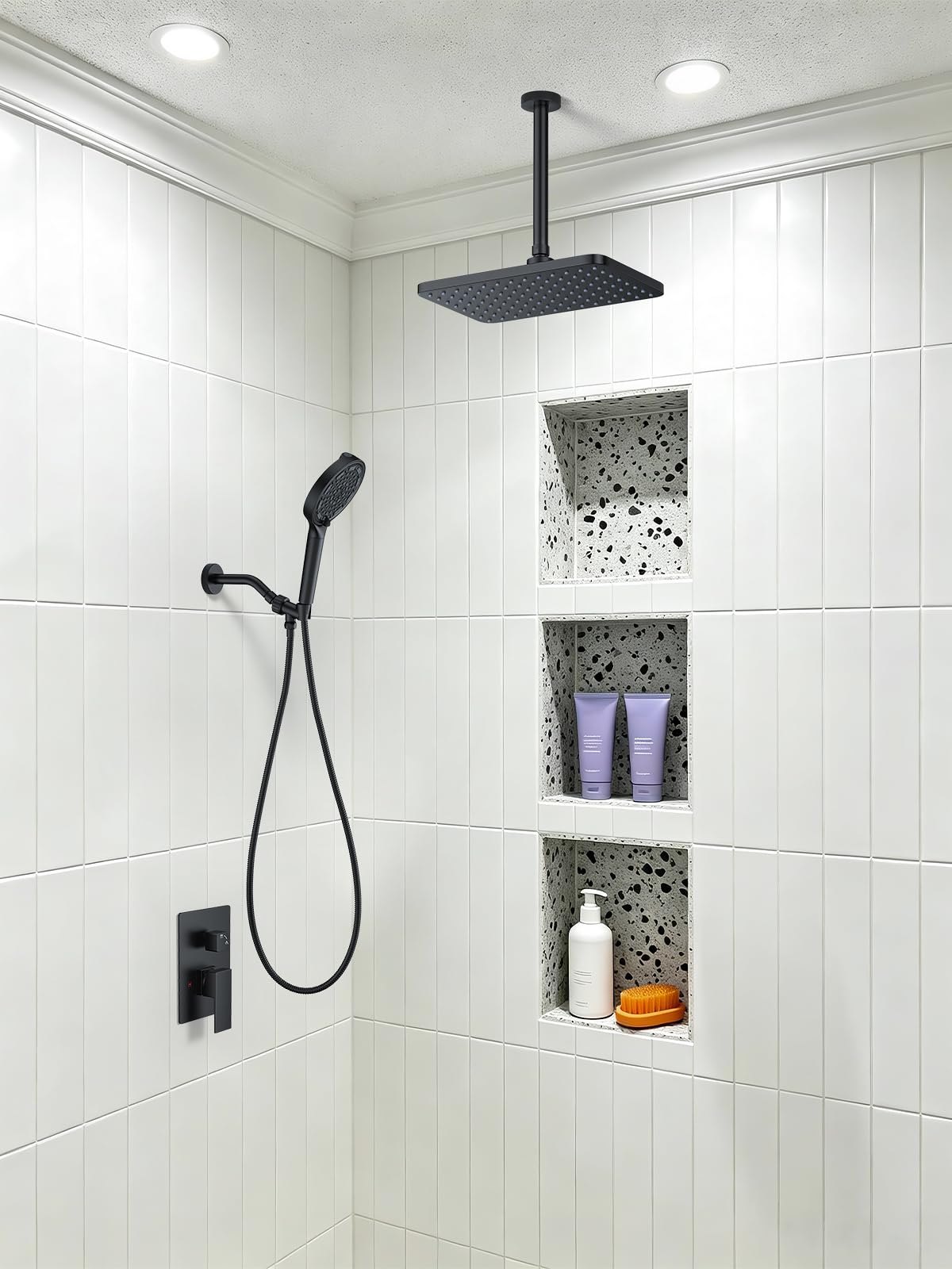 11" Matte Black Rainfall Shower System – Complete Spa Faucet Set with Filtered Handheld Sprayer & Mixer Valve – Modern High Pressure Bathroom Fixture Trim Kit