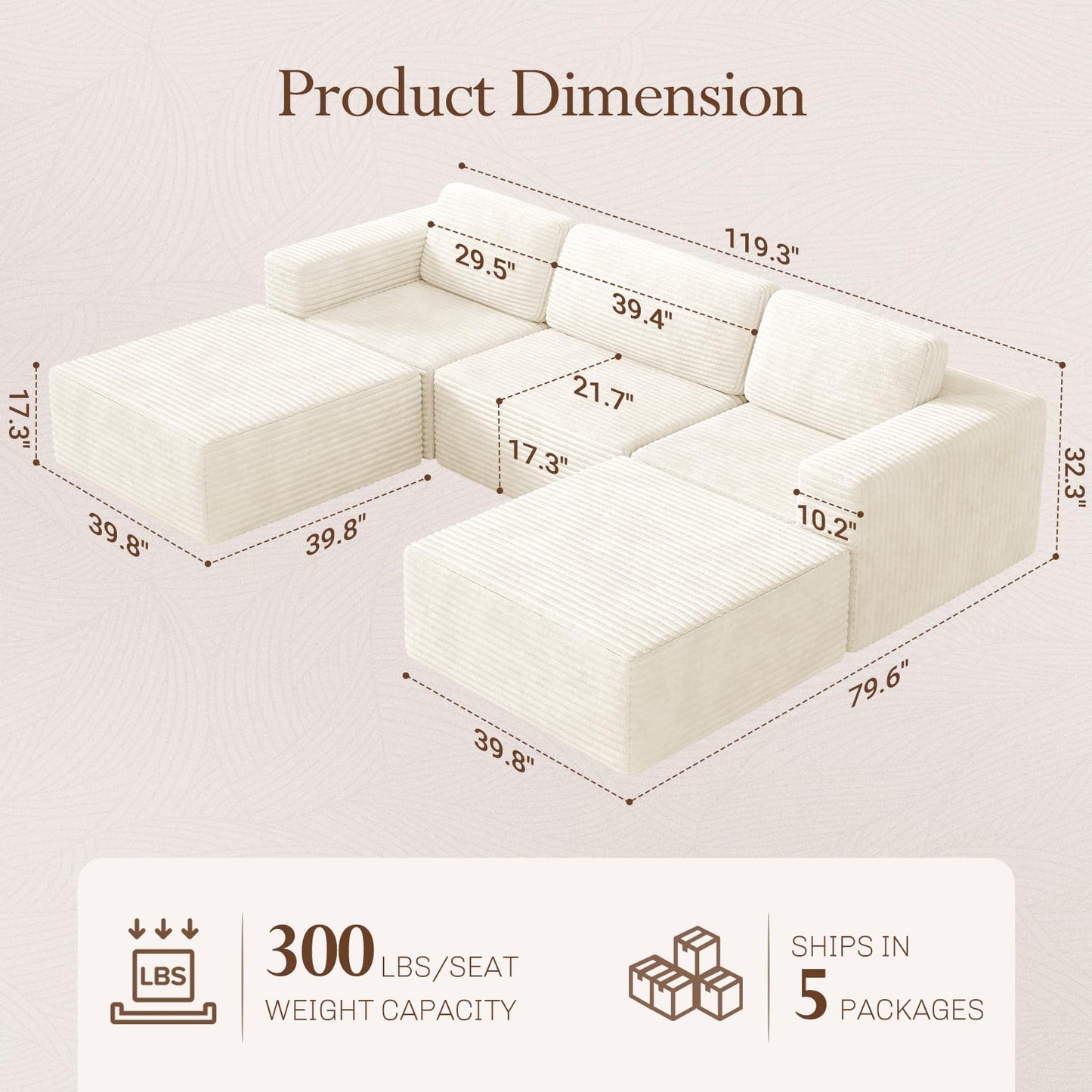119" U-Shaped Modular Cloud Sofa, Corduroy Sectional Couch with Extra Deep Seats & Durable Spring Support, Convertible Boneless Sofa Set with Dual Ottomans, No Assembly, Beige