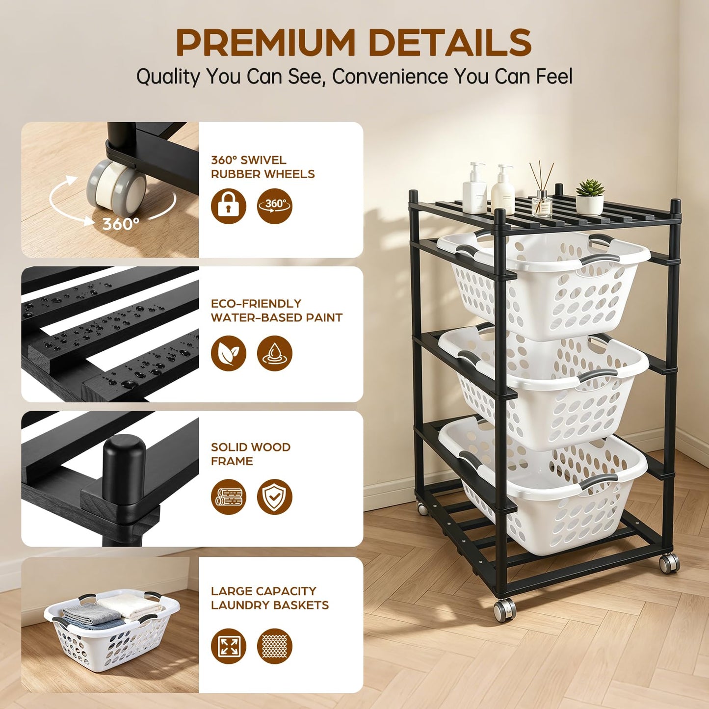 Wooden Laundry Shelf with 3 Large Laundry Baskets, Rolling Laundry Organizer with Wheels, Vertical & Horizontal Assembly, Space-Saving Storage Rack for Bathroom, Bedroom, Laundry Room (Black)