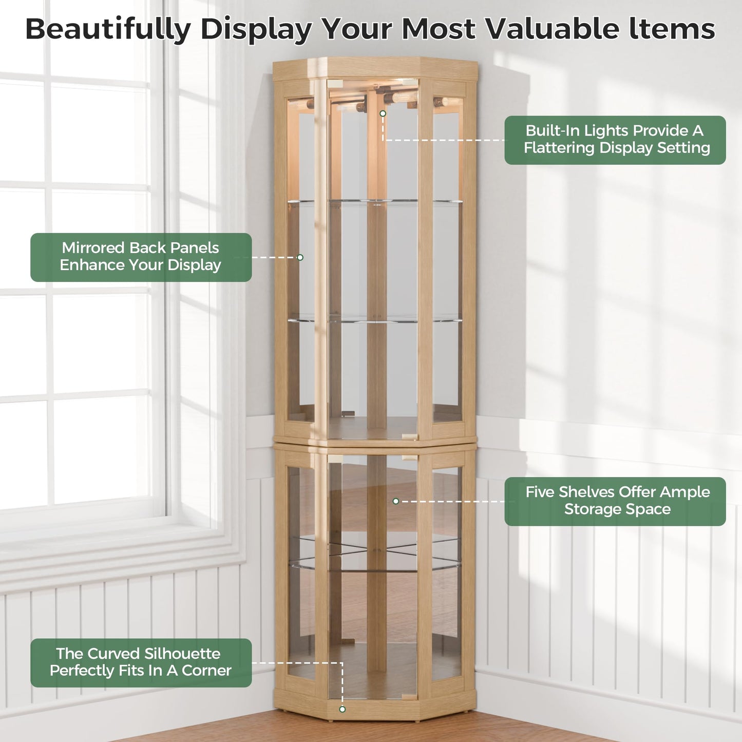 Trygoal 70" H Lighted Glass Display Cabinet, 3-Side Corner Curio Cabinet with Tempered Glass Doors, Elegant China Cabinet Dis, Accent Cabinet with Adjustable Shelves for Living Room, Light Oak
