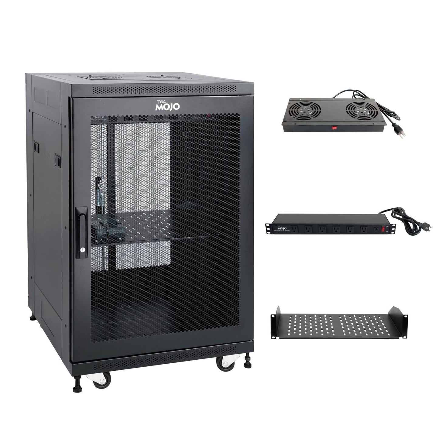 Tecmojo Fully Assembled 18U Network Cabinet AV Rack Enclosure with Casters/Locking Doors with Dual Fan, PDU and Cantilever Shelf (31.5inch DEEP Mesh Door)