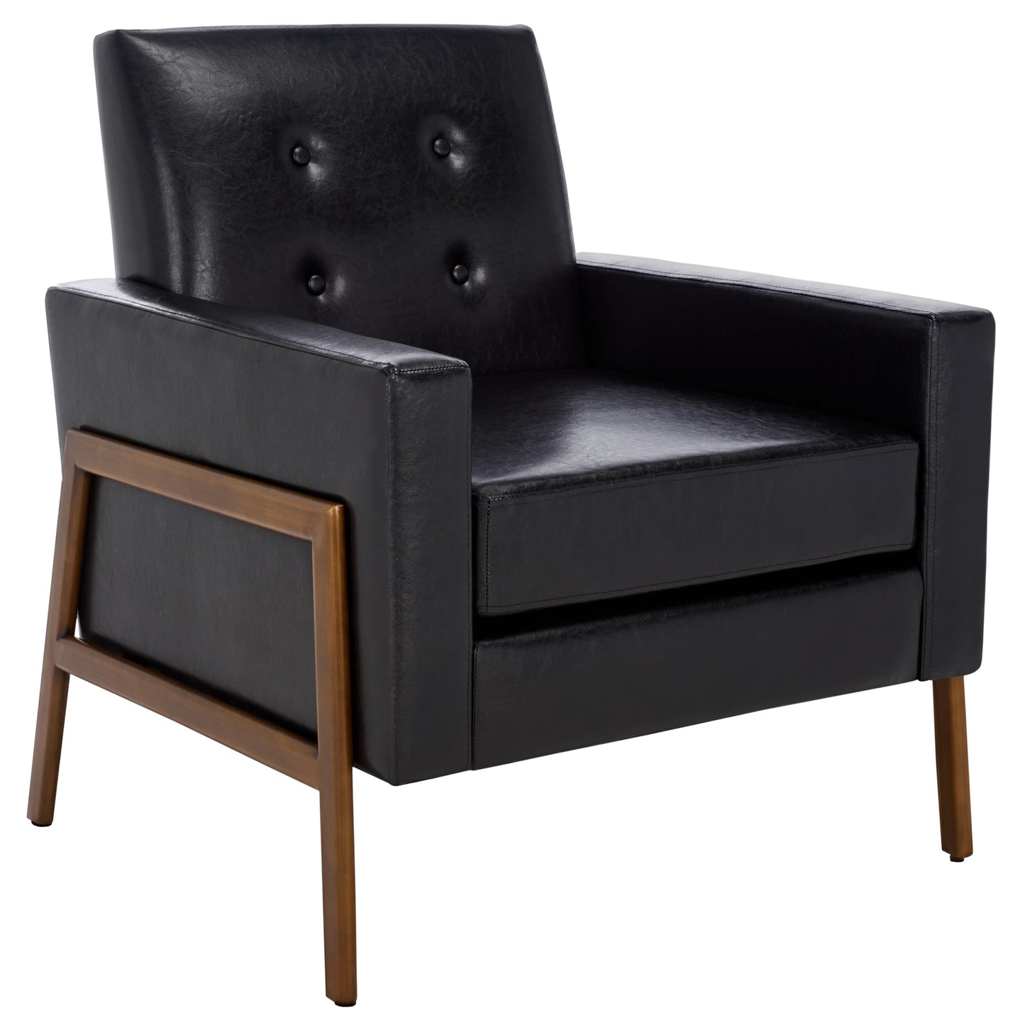 SAFAVIEH Home Collection - Roald Accent Chair, Black Faux Leather Tufted Seat & Antique Brown Solid Wood Frame (ACH6209D)