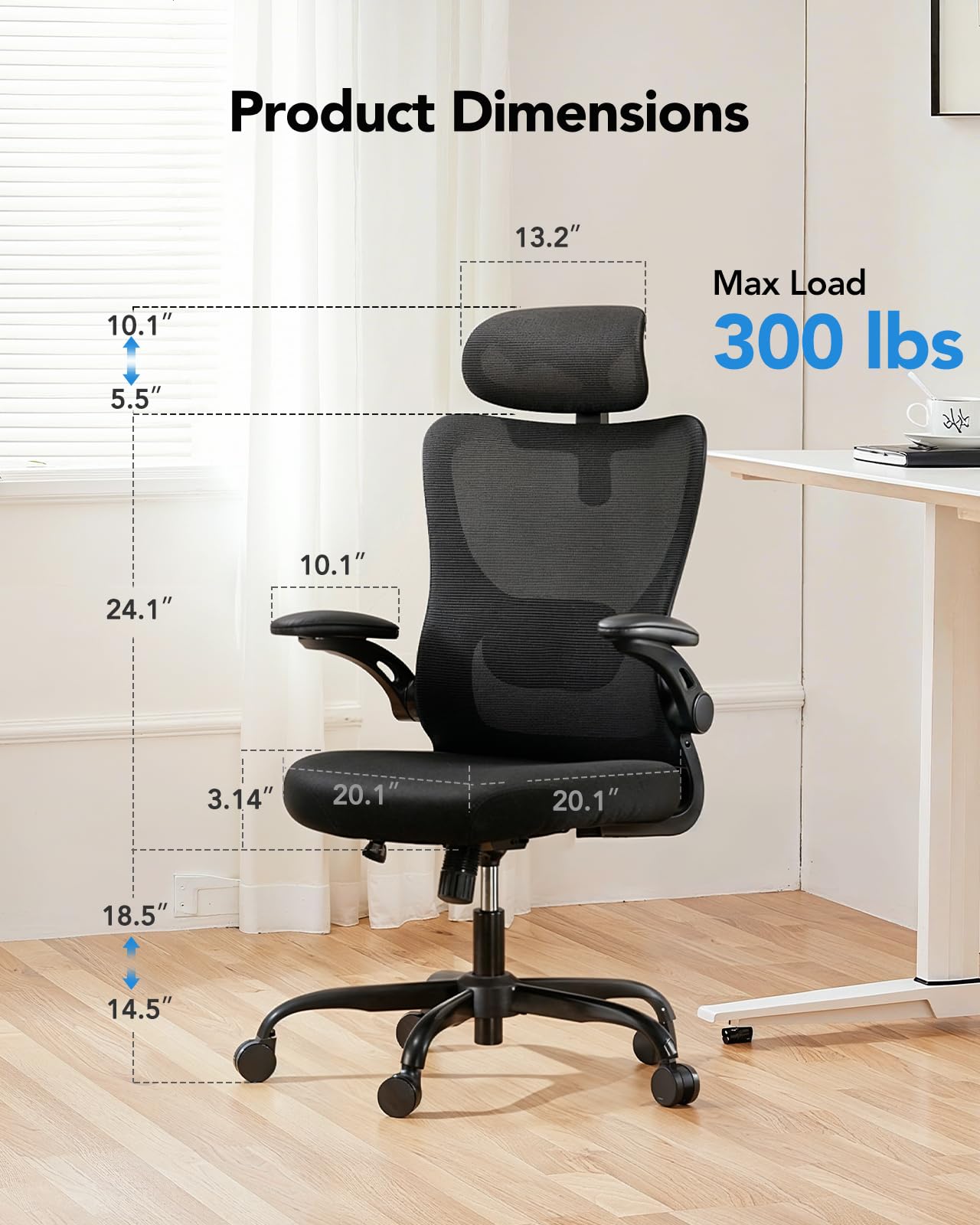 HUANUO Ergonomic Office Chair, High Back Computer Desk Chair with Adjustable Lumbar Support and Headrest, Comfy Gaming Chair with 3D Armrests, Home Office Rolling Chair, Max Load 300 lbs