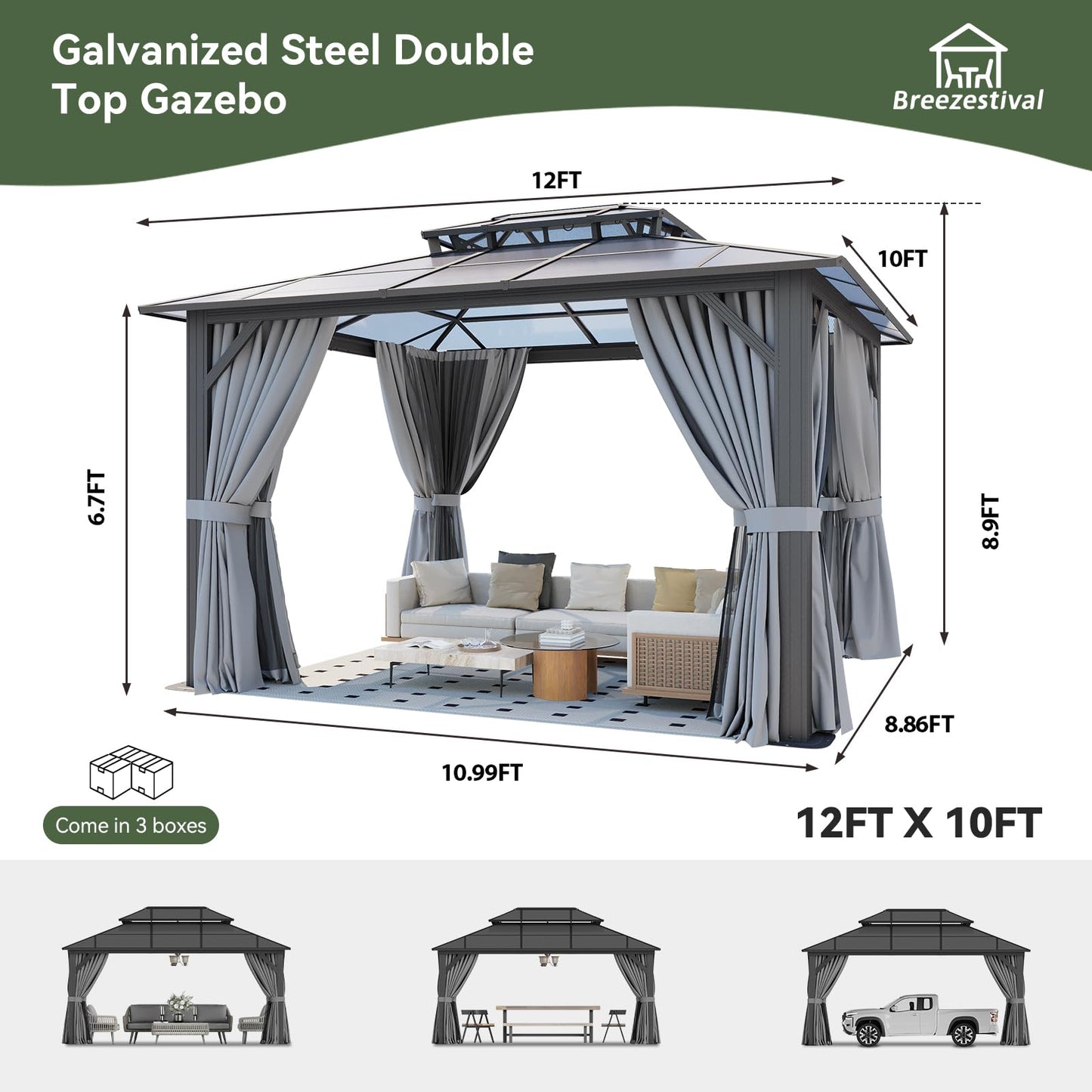 Breezestival 10'x12' Hardtop Gazebo Outdoor Permanent Gazebo with Double Polycarbonate Roof Canopy, Aluminum Frame Permanent Pavilion with Curtains and Netting for Patio,Garden,Lawns