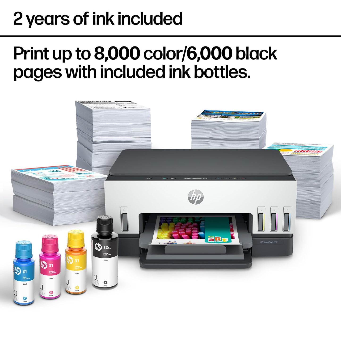 HP Smart Tank 6001 Wireless All-in-One Ink Tank Printer, Scanner, Copier with 2 Years of Ink Included, Best-for-Home, Cartridge-Free Refillable, AI-Enabled (2H0B9A)