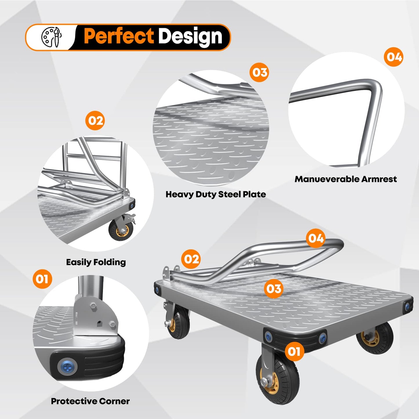 Heavy Duty Platform Truck Flat Moving Cart Hand Trucks,2000Lbs Steel Push Cart Dolly, 36 x 24in Large Flatbed with 5'' 360 Degree Swivel Wheels for Easy Storage