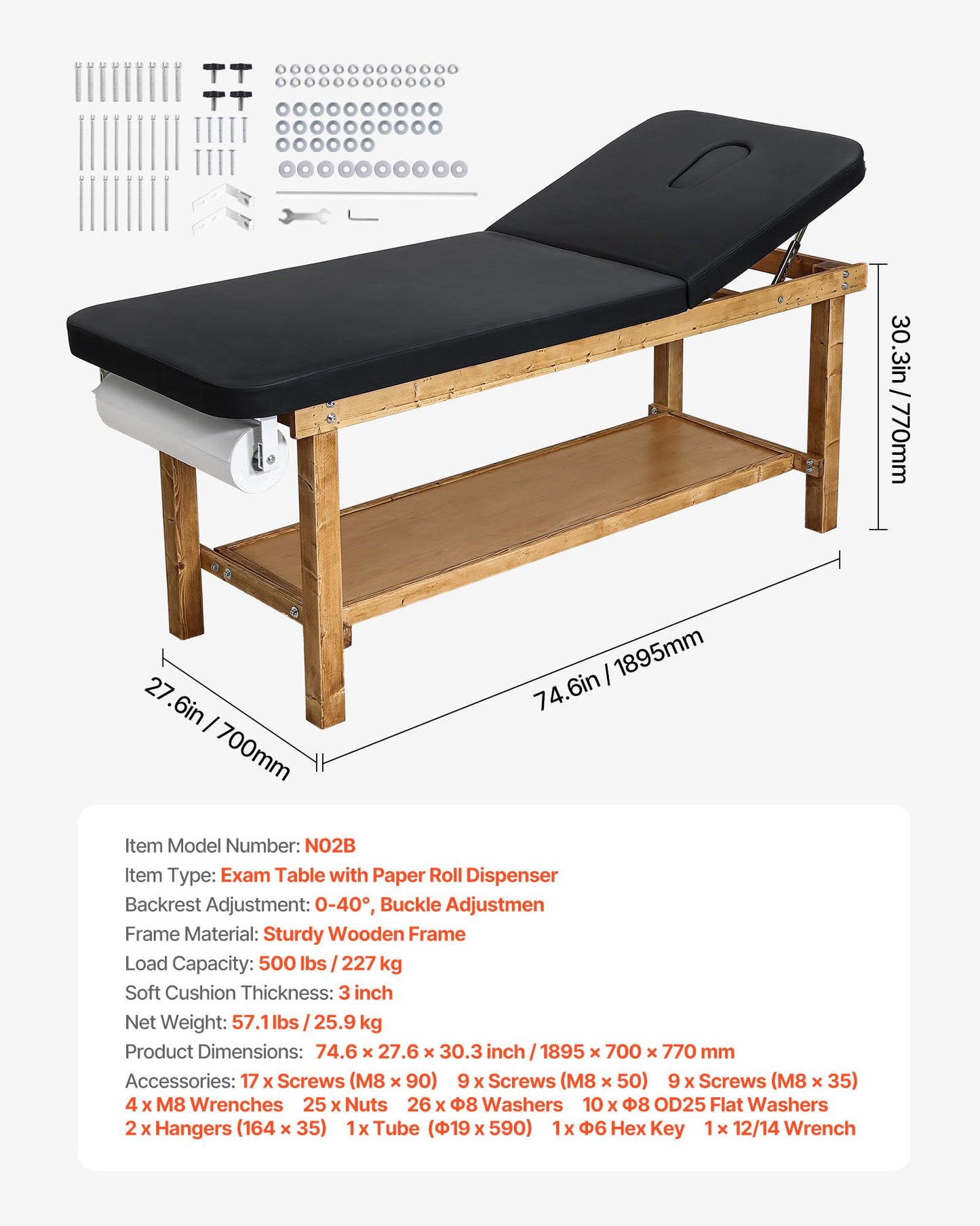 VEVOR Medical Exam Table, Wooden Framed Medical Examination Bed, Physical Therapy Exam Table with Adjustable Backrest, Storage Shelf & Paper Roll Dispenser for Hospitals Clinics Rehab Centers, 500LBS