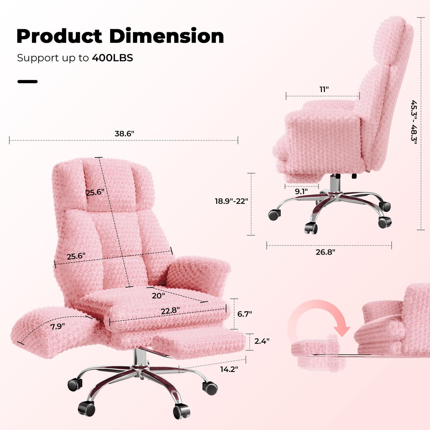 HOMRELEXA Big and Tall Office Chair, Flip Armrests for Pets & Cross Legged Sitting, Executive Ergonomic Computer Gaming Chair with Foot Rest, Rose Velvet Pink Wide Seat Reclining Desk Chair