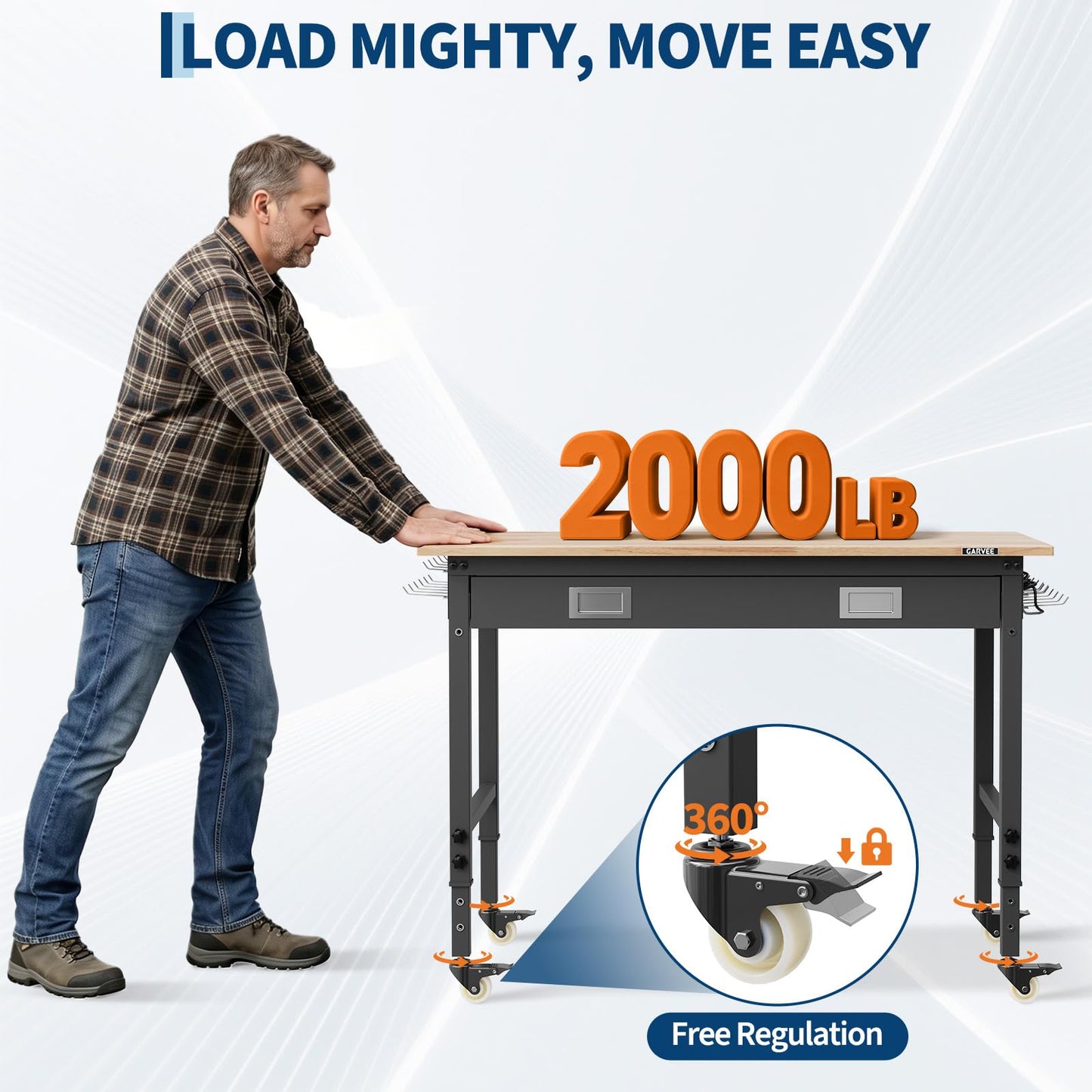 Garvee 48x24 Inch Workbench with Drawer, 6-Level Adjustable Height, 2000 lb Load Capacity, Solid Rubberwood Top, ETL Power Outlets, Swivel Casters, Pegboard & Hooks for Garage