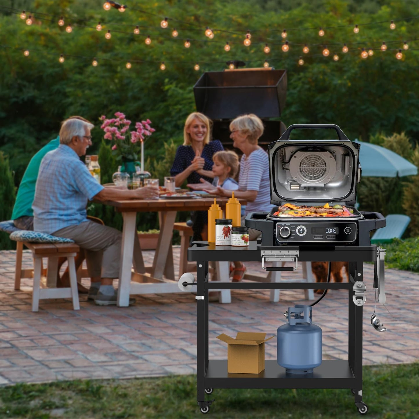 Universal Grill Stand for Ninja Woodfire Outdoor Grills,Portable Foldable Grill Cart Table for XSKUNSTAND OG700 OG800 OG900 OO101 SER Smoker Pizza Oven Accessories with 4 Wheels & Cover