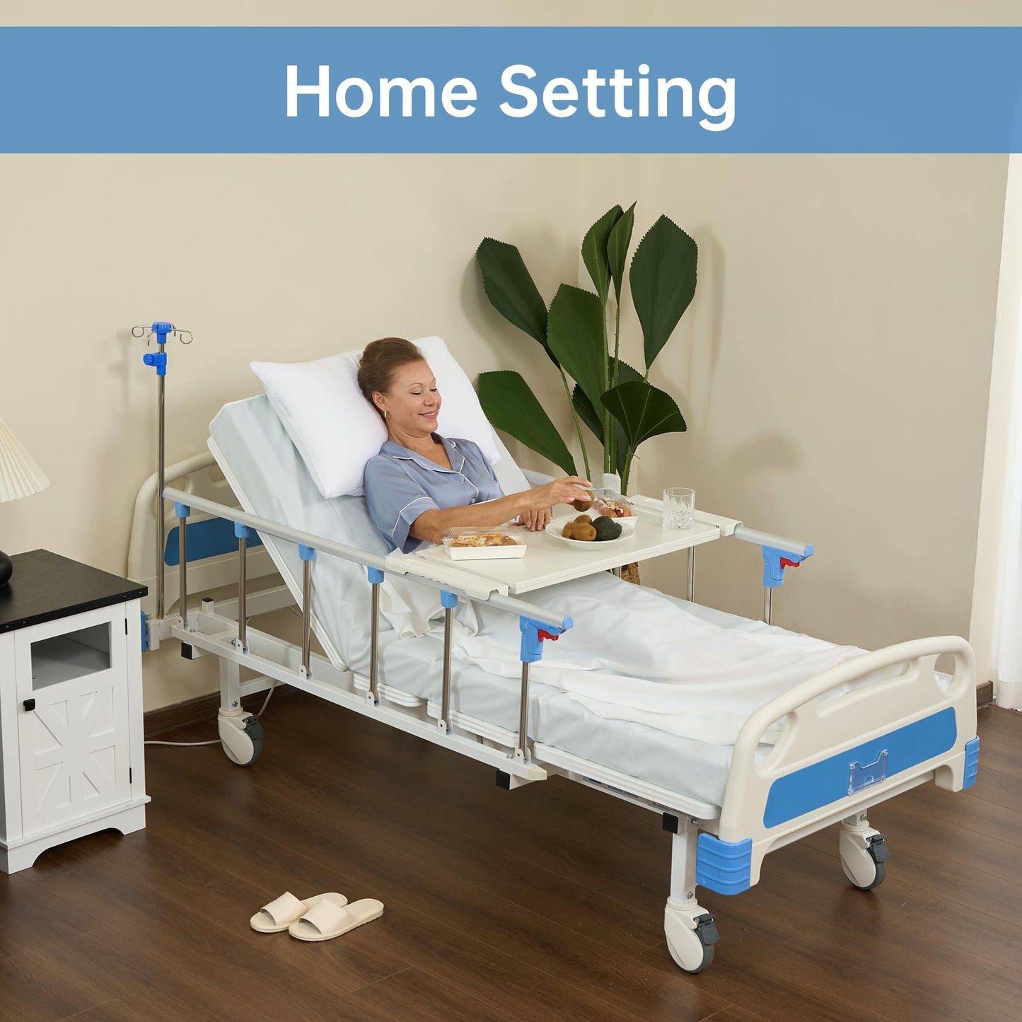 Real Relax Premium 2 Function Full Electric Hospital Bed, ICU Electric Medical Bed with 4 inch Foam Mattress & IV Pole, Dining Table Board and 5 inch Locking Casters, 530LBS Loading.