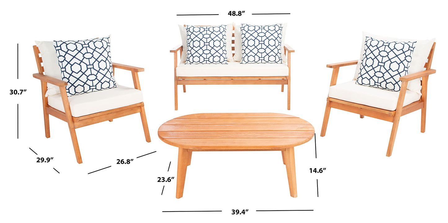 SAFAVIEH Outdoor - Deacon 4-Piece Conversation Set - Brown & Beige - Solid Wood - Coastal Slatted Design with Cushions - Ideal for Patio, Deck, Porch, Backyard (PAT7050C)