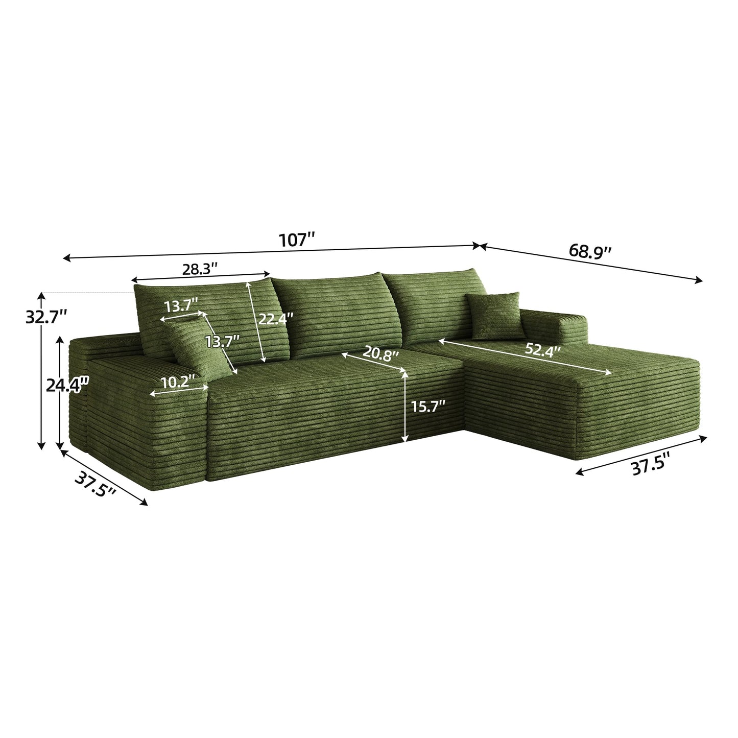 107" Oversized Cloud Sectional Sofa Boneless Couches for Living Room, Right Facing Chaise Modular L Shaped Corner Couch with Deep Seat, Memory Foam Compressed Sofa, No Assembly Required