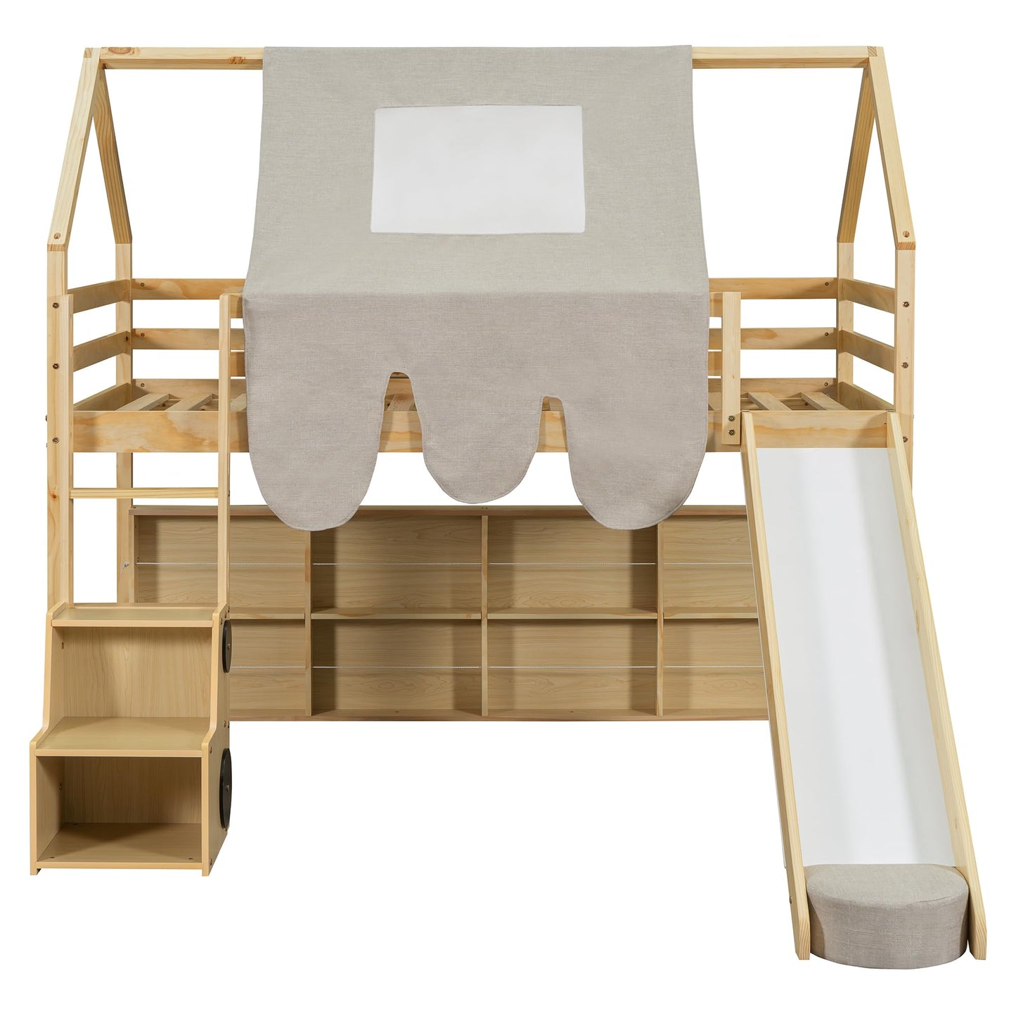 Merax Twin Size Junior Wood Loft Bed with Slide and Storage Shelves, House Loft Bed with Staircase for Girls Boys,Easy Assemble, Natural