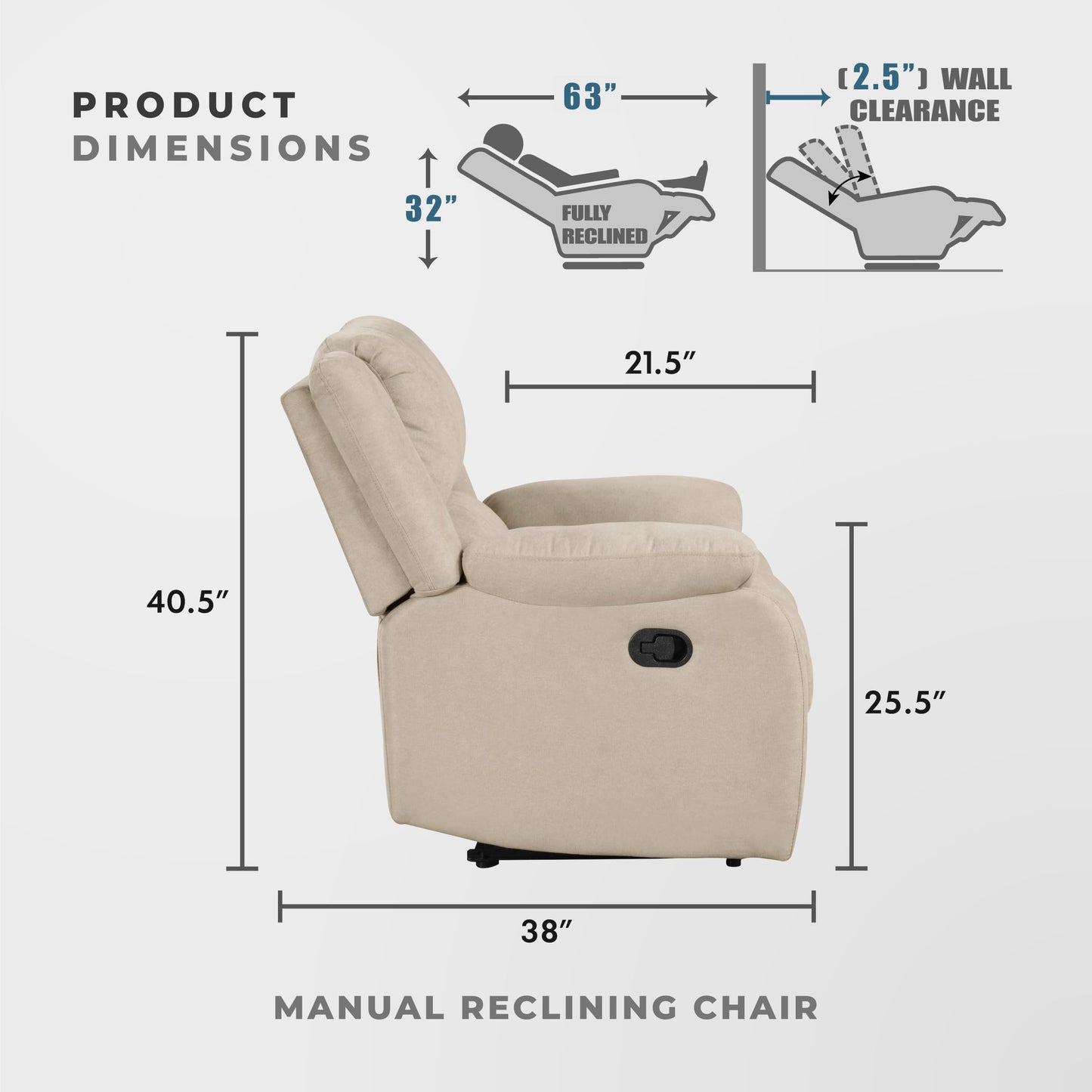 Lexicon Manual Recliner Sofa Chair, Home Theater Seating, Wall Hugger Manual Reclining Nursery Chair for Bedroom/Living Room/Office/Apartment, Oatmeal Textured Fabric