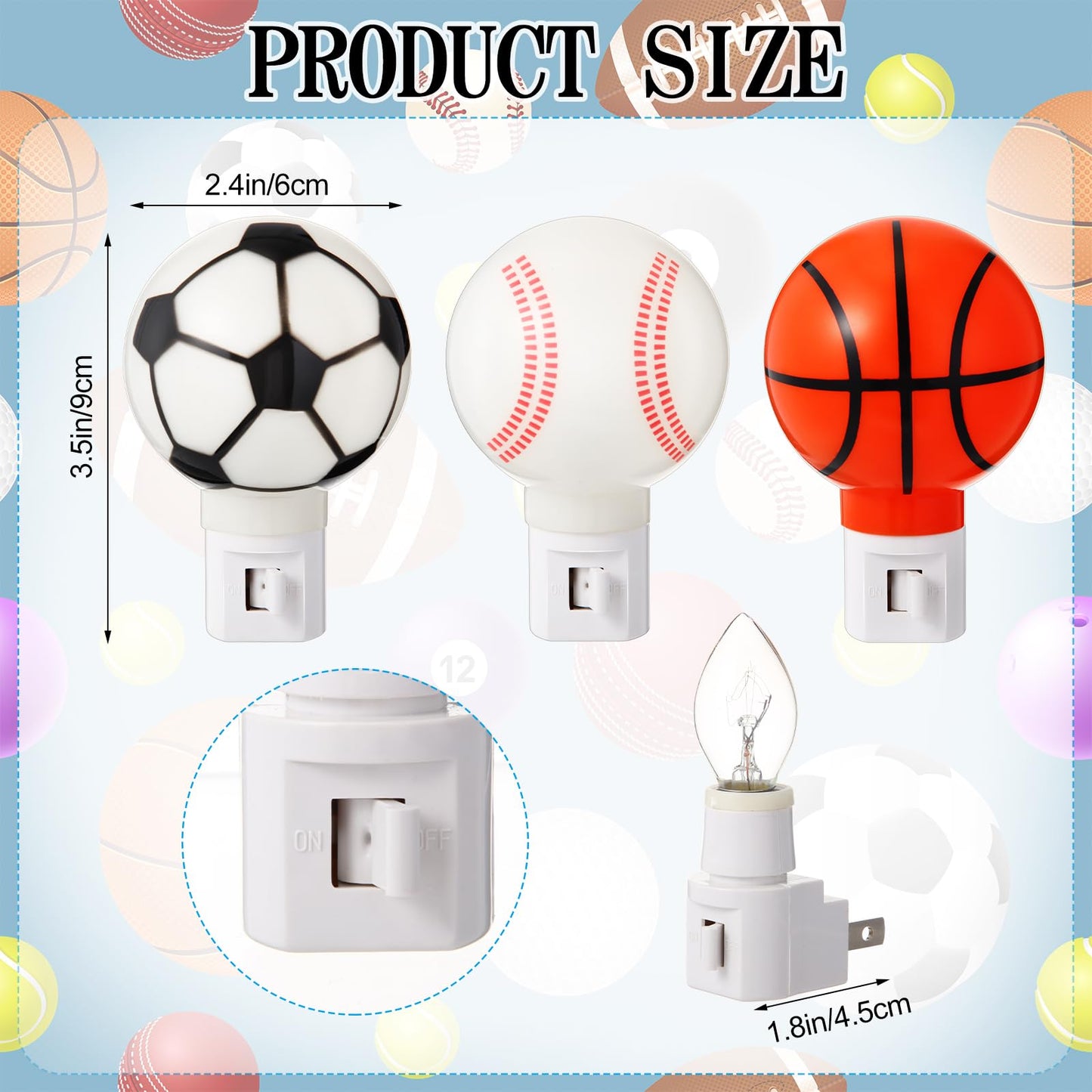 Dreyoo 3 Pack Sport Ball Nightlights - Warm White Plug-in Lamps for Bathroom, Hallway, Living Room - Orange, Black, White, Red