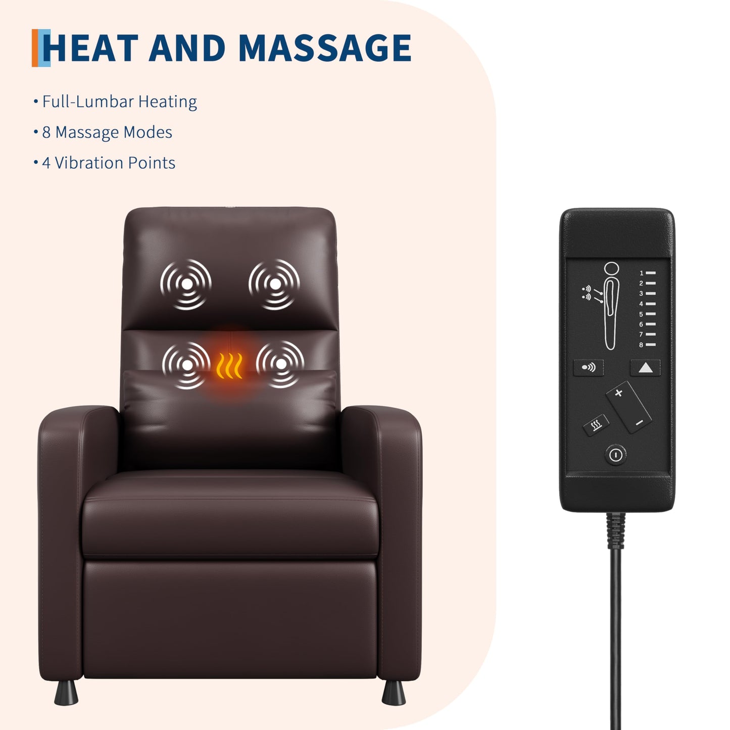 Power Recliner Chair with Heat & Massage, Adjustable Electric PU Leather Single Sofa, Ergonomic Tall-Back Padded Seat, Home Theater Seating Recliner for Living Room