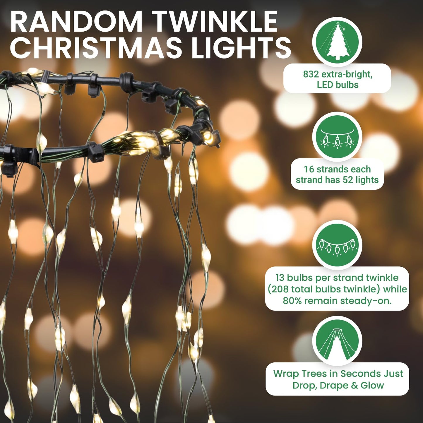 Tupkee LED Christmas Tree Lights, Warm White, 8 Feet, Model JT-DC120V0700-D, Random Twinkle, 208 of 832 Lights, Plastic