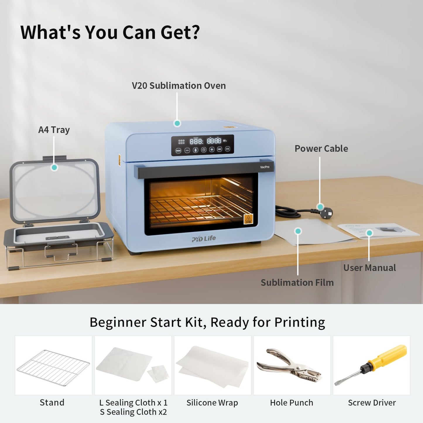 PYD Life V20 Sublimation Oven Machine with Auto Vacuum System and A4 Tray 20 L 120 V 1300 W, for 3D Phone Cases, Earphone Cases, Badge, Photo Slates, Sublimation Mugs Tumblers Blanks Printing