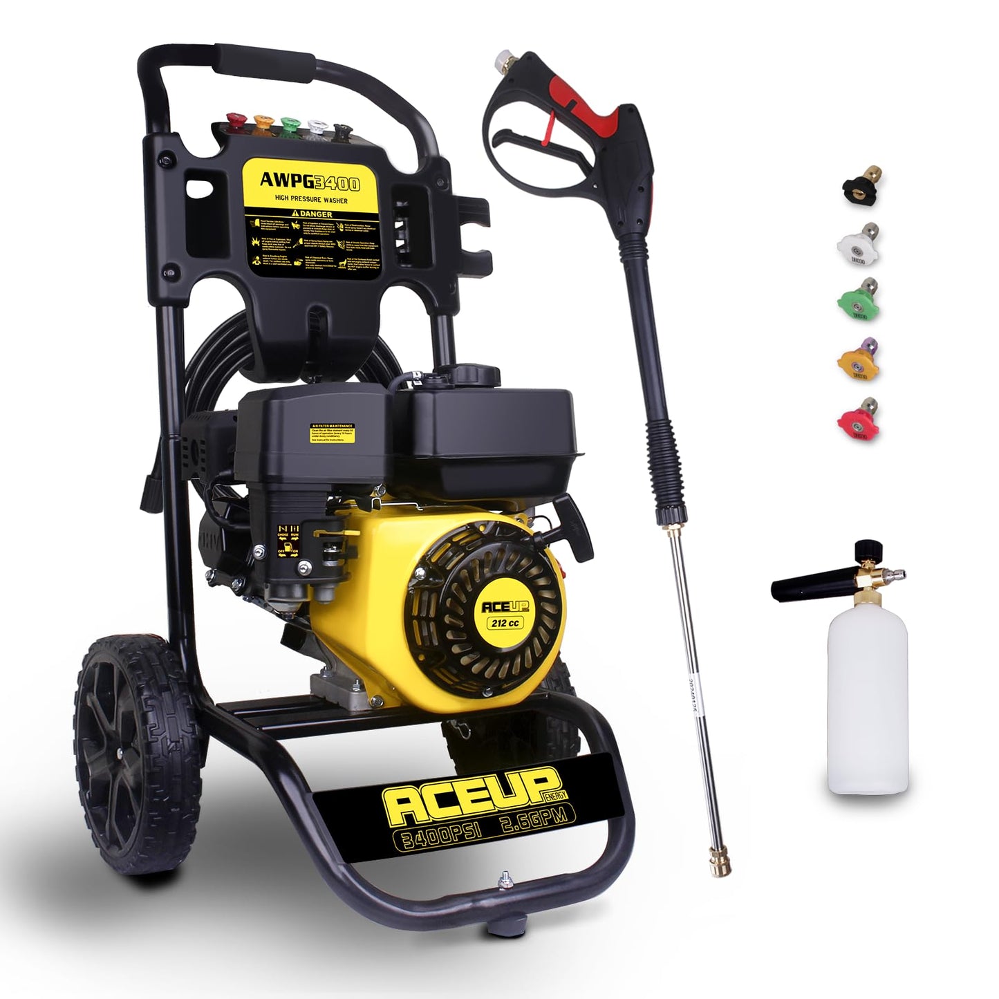 Aceup Energy Gas Pressure Washer 3400 PSI 2.6 GPM 4-Stroke 212cc for Garden, Cars, Walls, Funiture, Decks