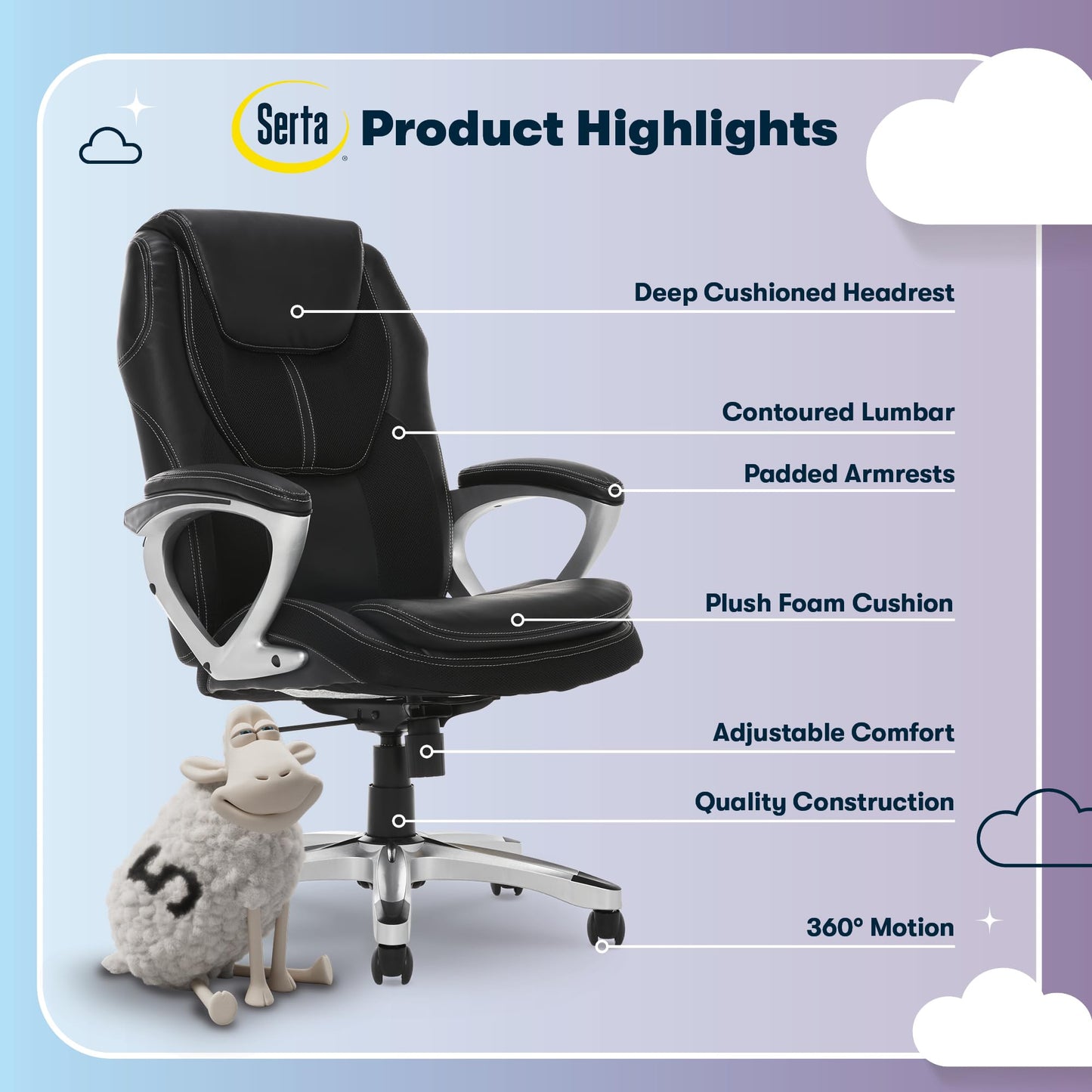 Serta Amplify Executive Office Chair with Faux Leather and Mesh, Adjustable Ergonomic Comfy Seat with Lumbar Support, Modern Computer DeskChairs, Swivel Rolling Wheels, Black