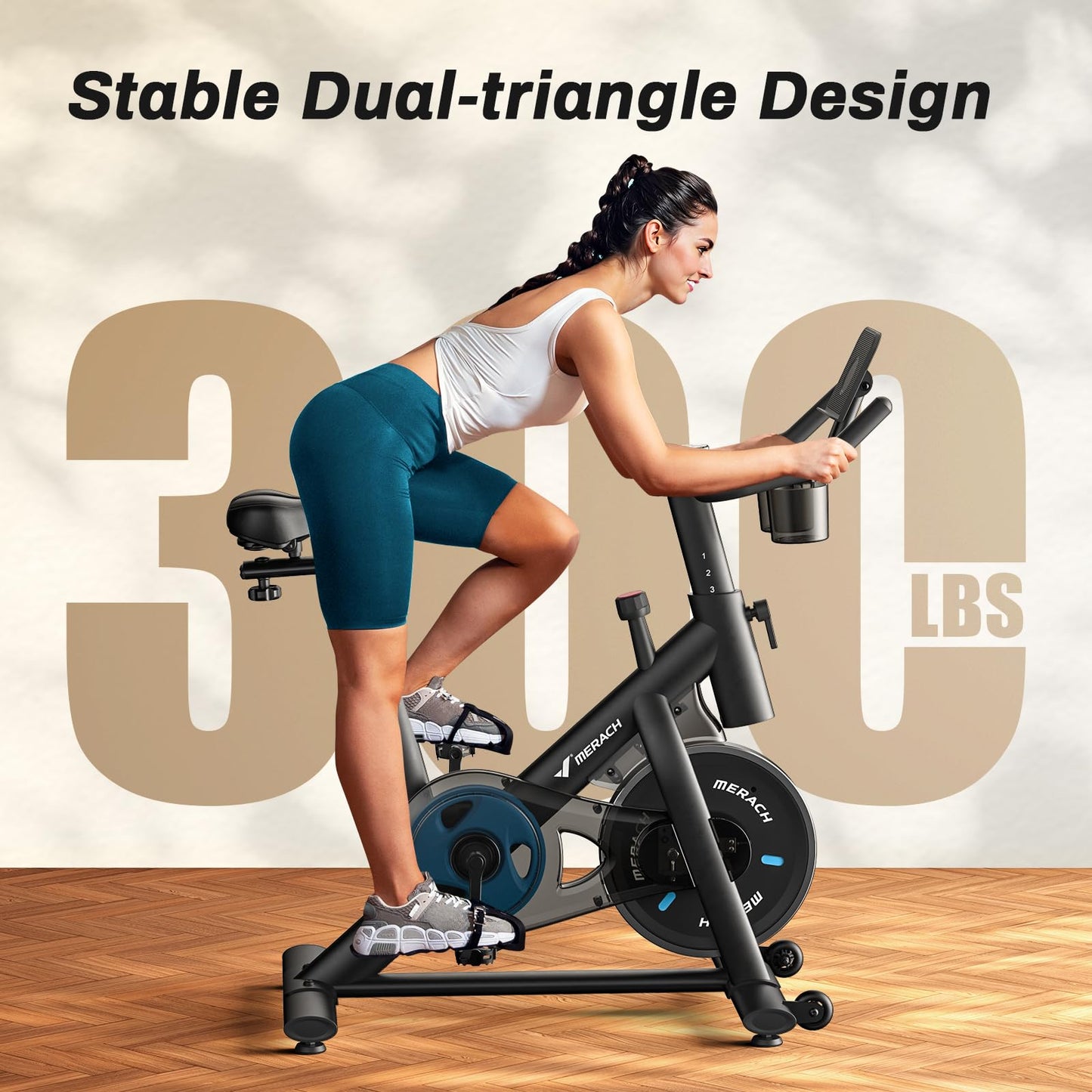 Merach Exercise Bike, Magnetic Friction Stationary Bike with Brake Pad and Exclusive App, Low Noise Indoor Cycling Bike with 300lbs Weight Capacity, Tablet Mount and Fitness Courses for Weight Loss