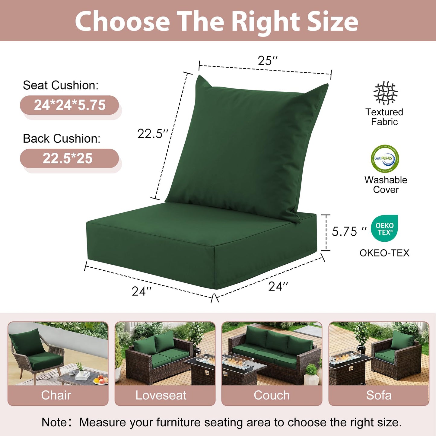 MuaMelop Outdoor Deep Seat Cushion Set, 24x24 Inch Water-Resistant & Fade-Resistant Outdoor Chair Cushions, Patio Furniture Cushions with Removable Cover for Patio Chair, Sofa, Forest Green (Set of 4)