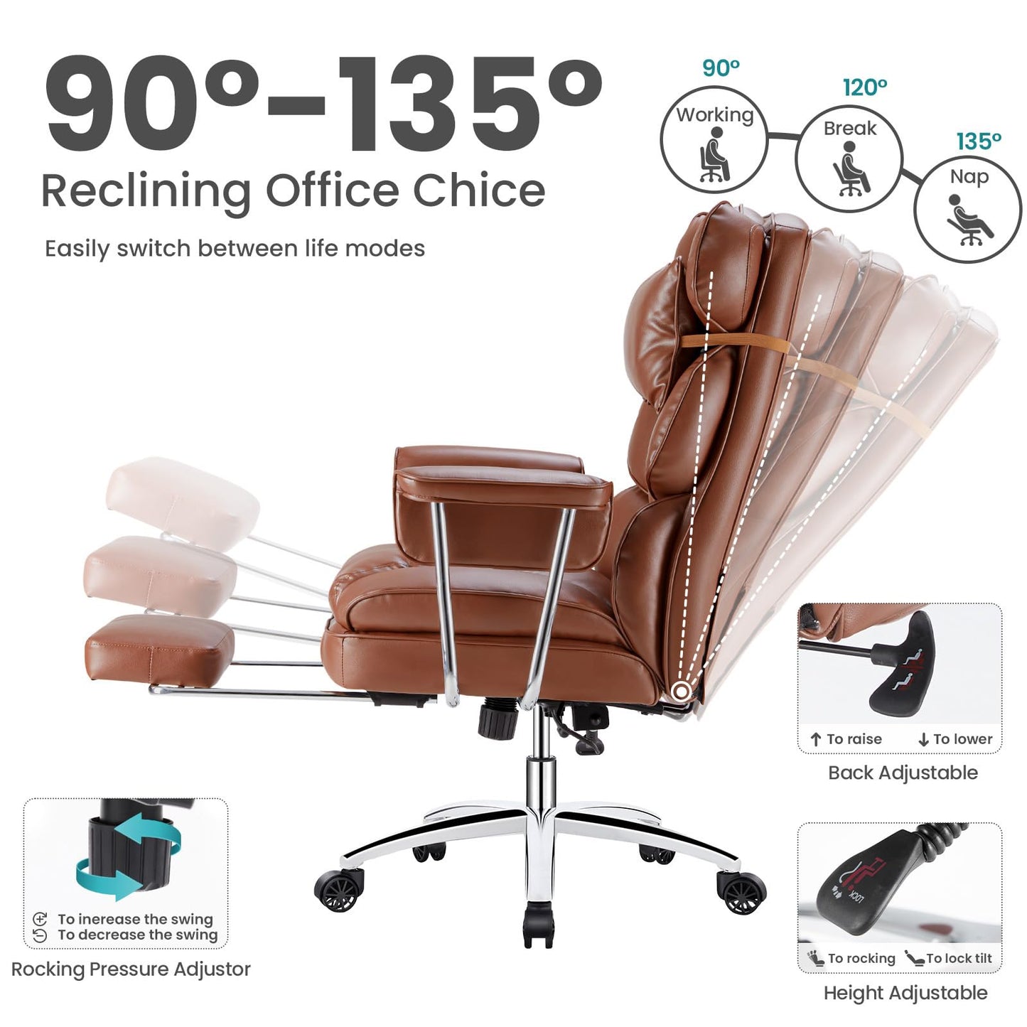OLIXIS Home Office Desk Chair Comfy with Foot Rest, PU Leather Ergonomic Big and Tall High Back Support, 360° Swivel Wheels, Armrests and Detachable Pillow, Height Adjustable, Modern Brown