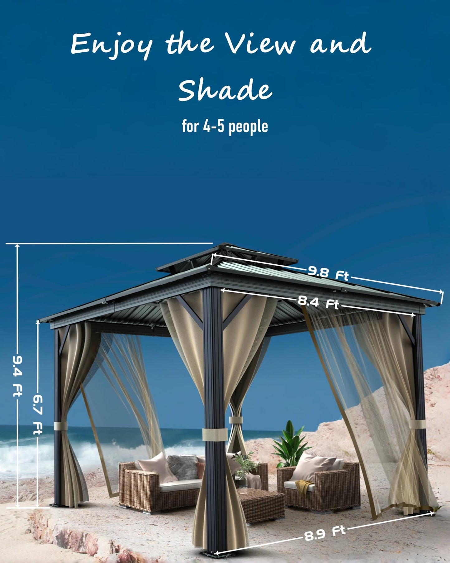 GarveeHome Outdoor Gazebo 10x10 Hardtop, Permanent Pavilion with Aluminum Frame, Double Roof, Mosquito Net & Privacy Curtains. Ideal Canopy Tent for Patio, Garden, Deck.Carpa para Patio for Parties