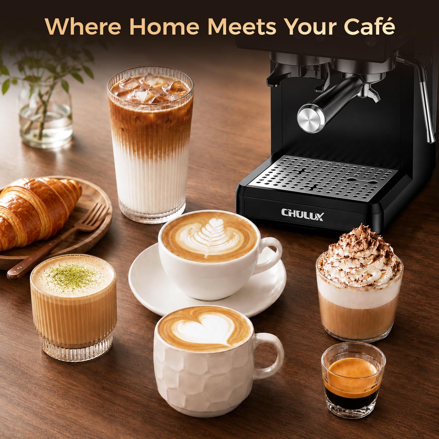 CHULUX Nero Espresso Machine with Built-in Conical Burr Grinder, 4-in-1 20 Bar Espresso Coffee Maker for Cappuccino, Latte, Hot & Iced Espresso and Hot Water, Mystic Black