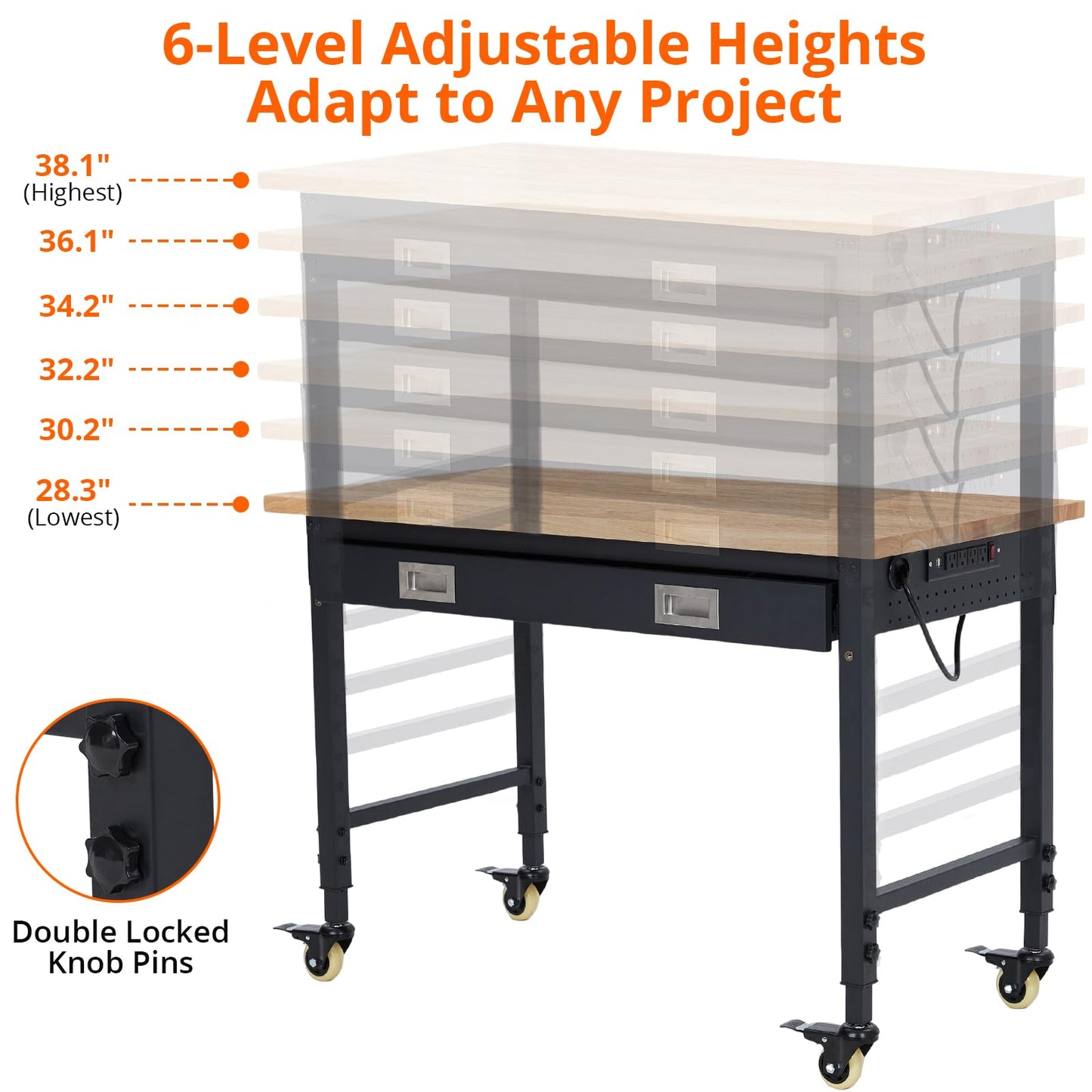 ACONEE 48" Workbench Heavy Duty, Adjustable Height Workstation with Drawer Storage, Backplate, 2000 LB Load Capacity, Multipurpose Rubber Wood Shop Table with Power Outlets, Hooks, Garage Storage