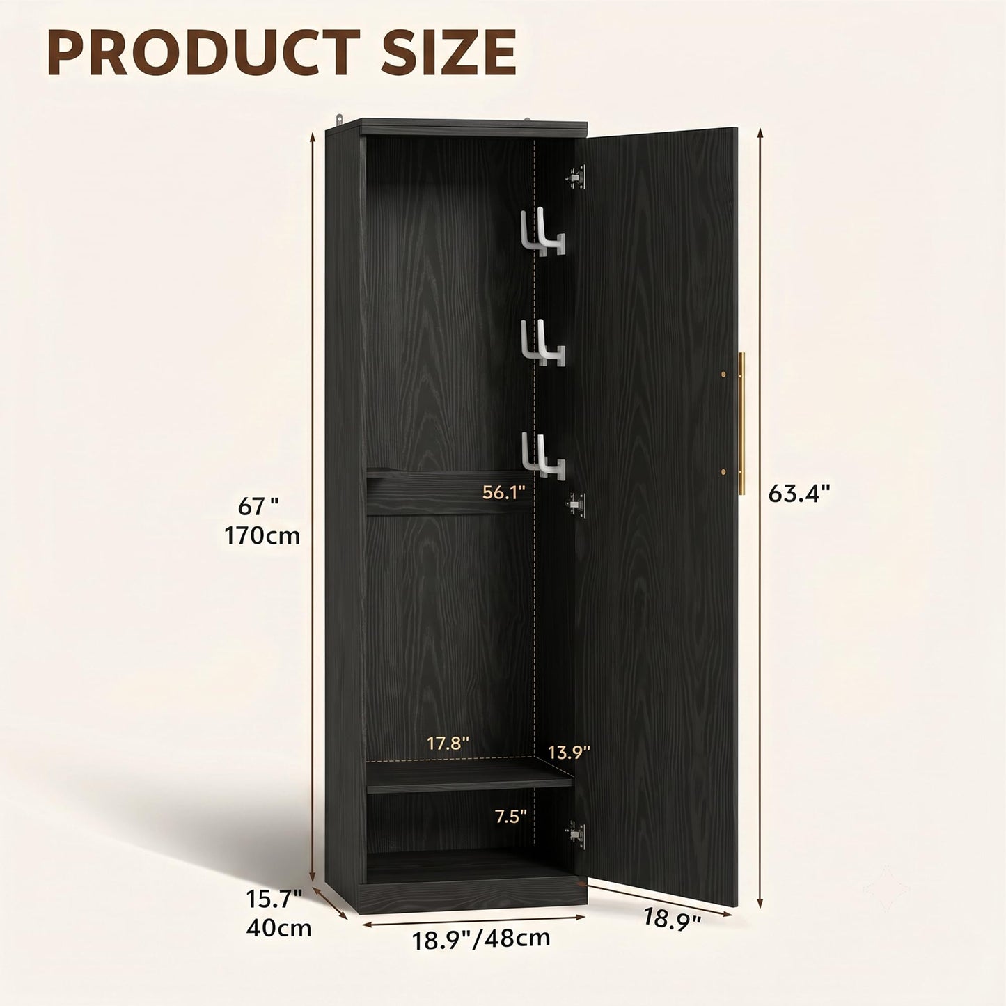 Homiflex Broom Closet Storage Cabinet, 65" H Slim Utility Closet with Door and Shelf, Tall Vacuum Storage Cabinet with Hooks for Cleaning Tool, Broom Closet Organizer for Bathroom, Garage, Black