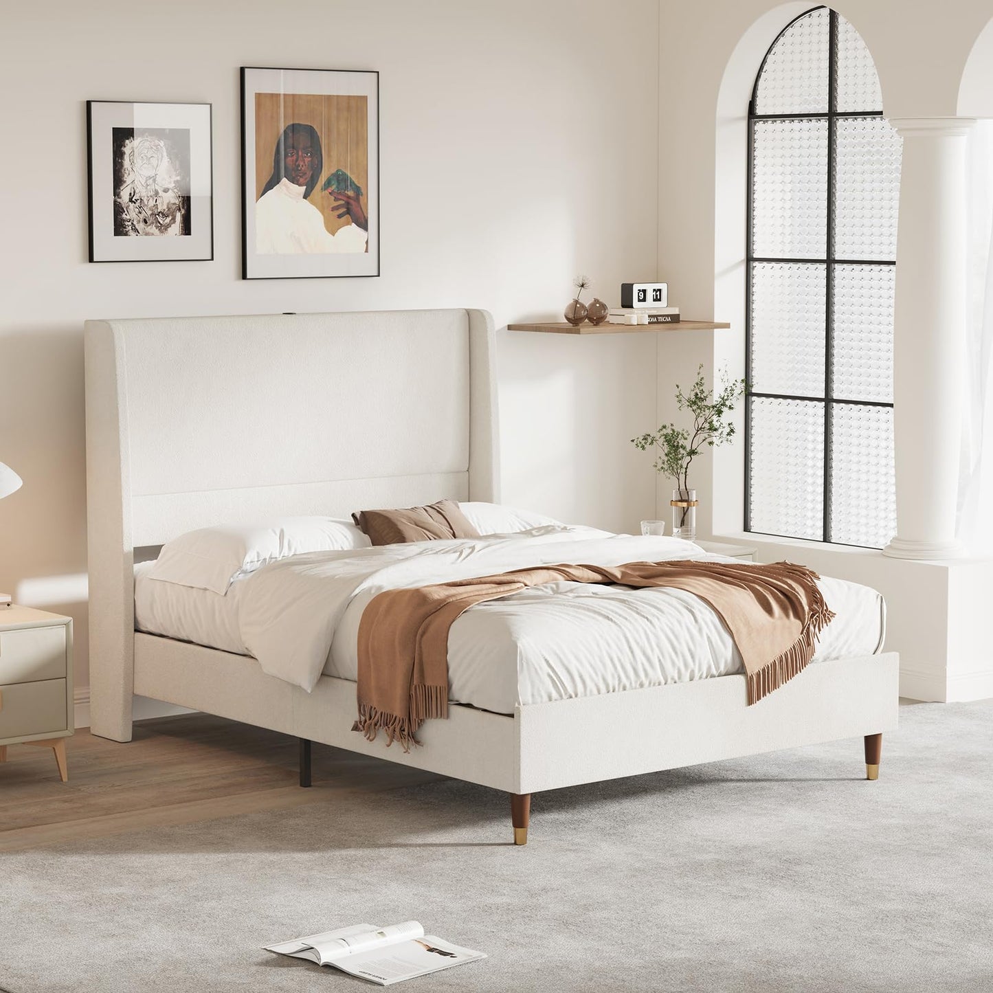 MALOL Full Bed Frame with Upholstered Linen Headboard, Platform Bed with USB Charging Ports, Sturdy Metal Frame, No Box Spring Required, Quiet Noise-Free Modern Bedroom Furniture, Beige