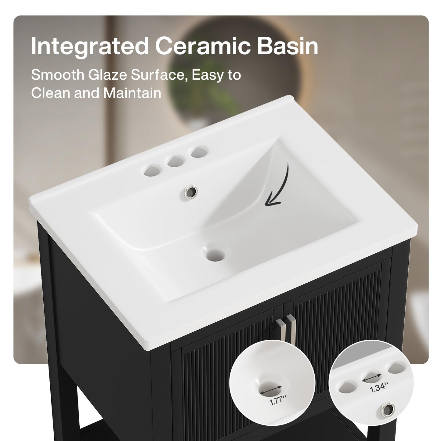 Tribesigns 24" Bathroom Vanity with Sink, Solid Wooden Frame Freestanding Vanity with Ceramic Porcelain Basin, 2-Door Storage Cabinet & Open Shelf for Small Bathroom, Industrial, Black