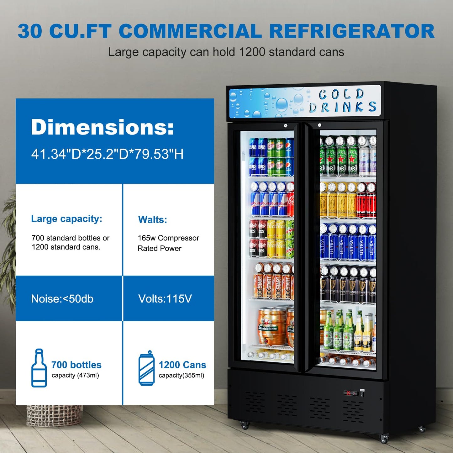 FreezLabs Commercial Display Refrigerator Glass Door 30 cu.ft Cooler Commercial Beverage Refrigerators with LED and 10 Shelves for Cafe, Restaurant, Store