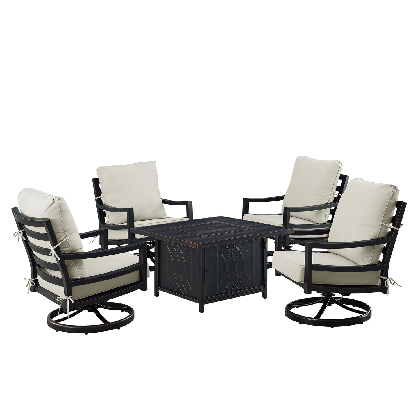 Oakland Living Black Aluminum Patio Fire Table Set with Four Club Chairs with Light Grey Cushions