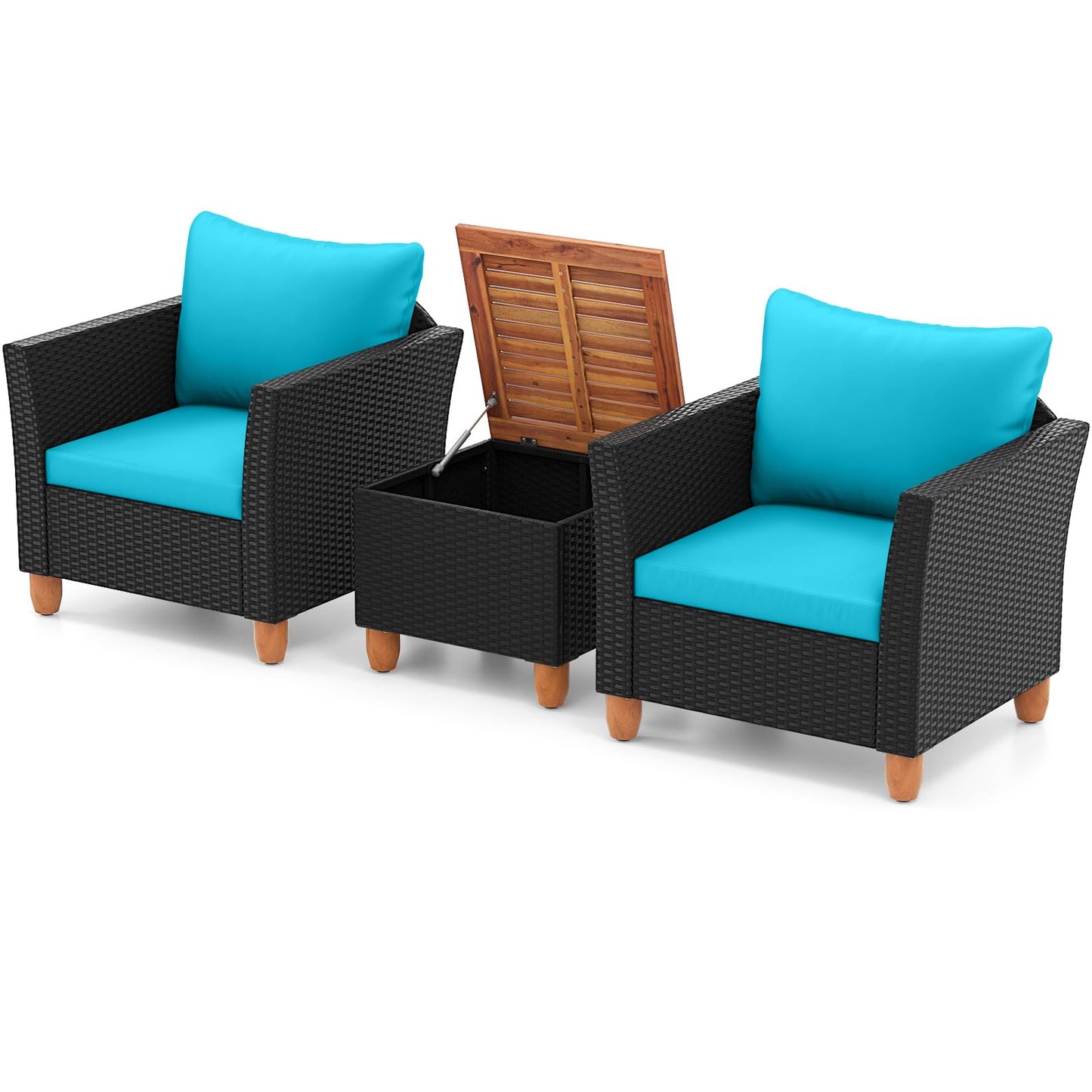 Tangkula 3 Pieces Patio Porch Furniture Set, PE Rattan Wicker Chair Conversation Set with Cushions and Storage Table, Outdoor Acacia Wood Bistro Set for Garden, Poolside (Turquoise)