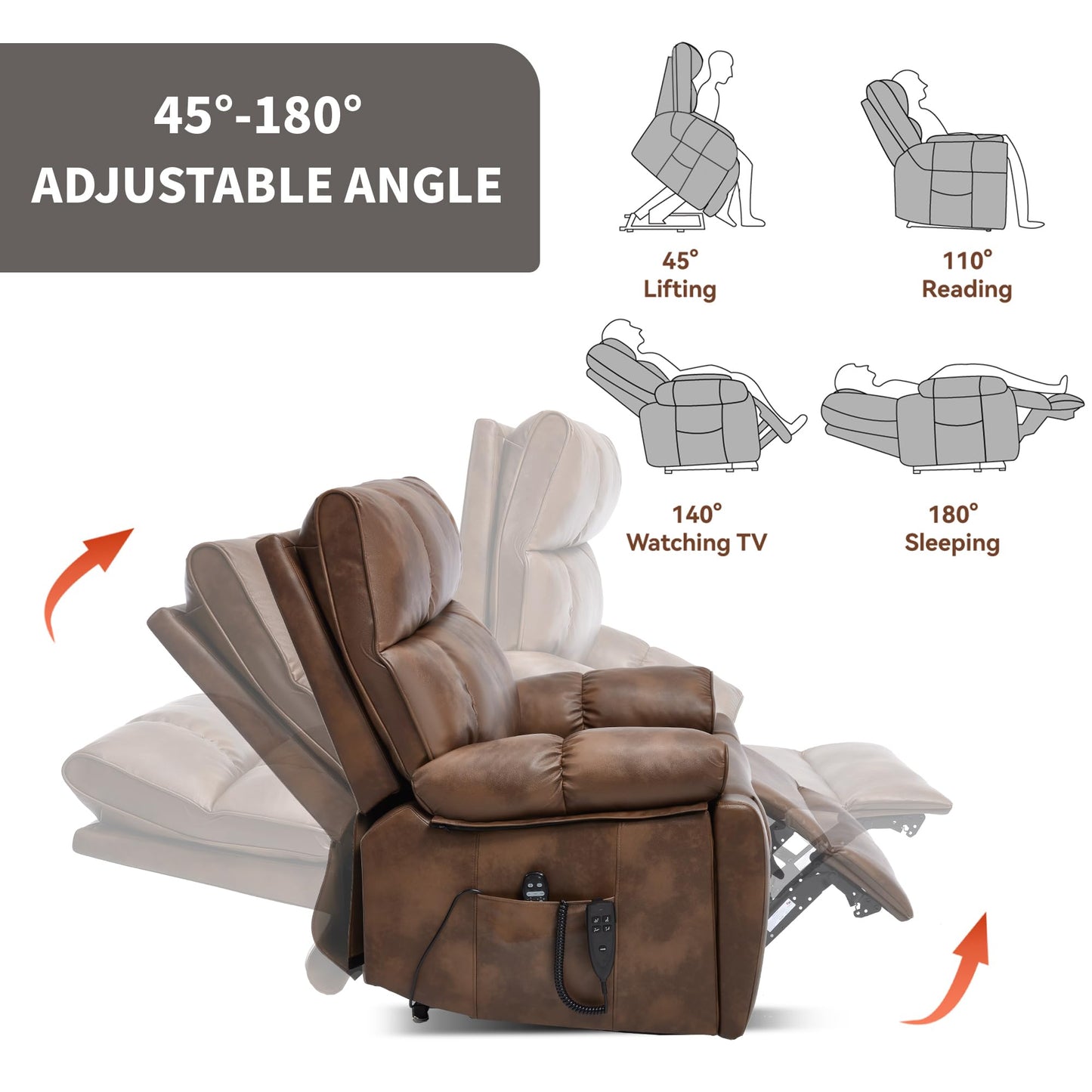 KEIKI Leatheraire Oversized Electric Power Lift Recliner Chair with Heat & Massage, Dual Motor, Infinite Positions, Hidden Cup Holders, Medium-Firm, Heavy Duty Up to 350 lbs, Light Brown